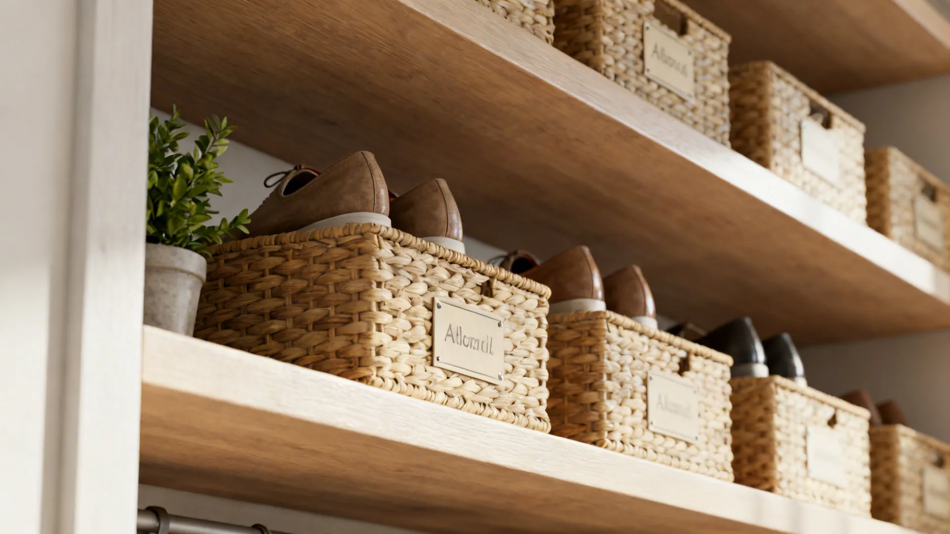 Staggered floating shelves with labeled woven baskets holding shoes and a plant.