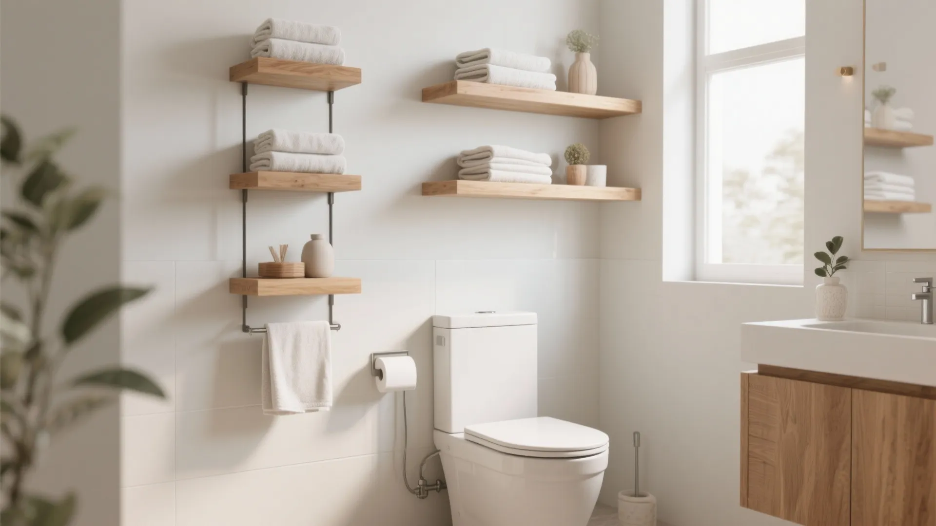 Wooden floating shelves on white bathroom wall holding folded towels and small plants above a toilet