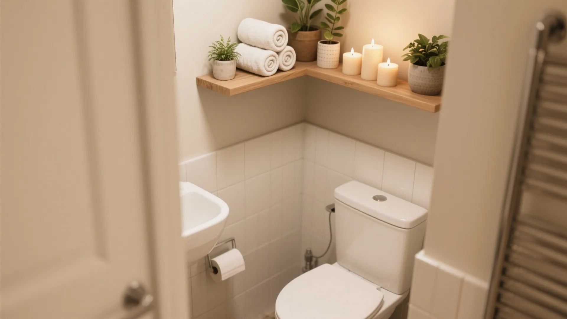 Floating shelves above a toilet styled with towels and plants