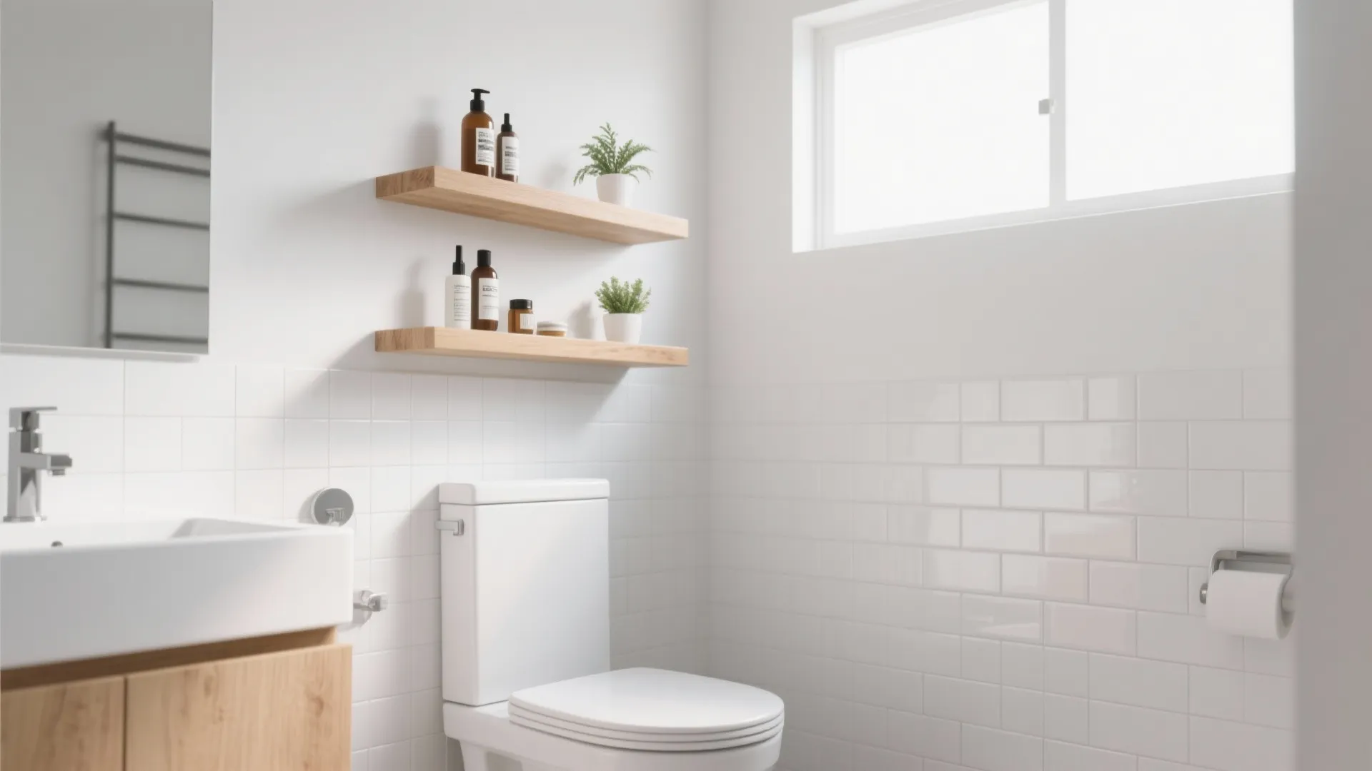 Minimalist white bathroom with wooden floating shelves above toilet featuring plants bottles and white tiles