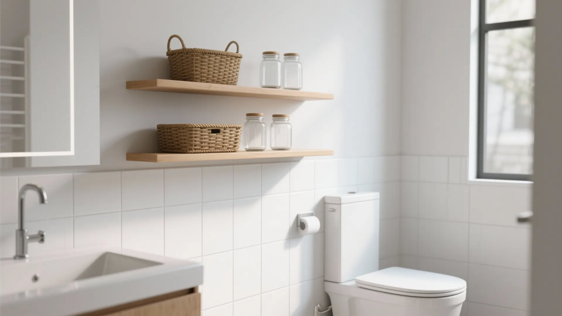 1. Floating shelves above the toilet