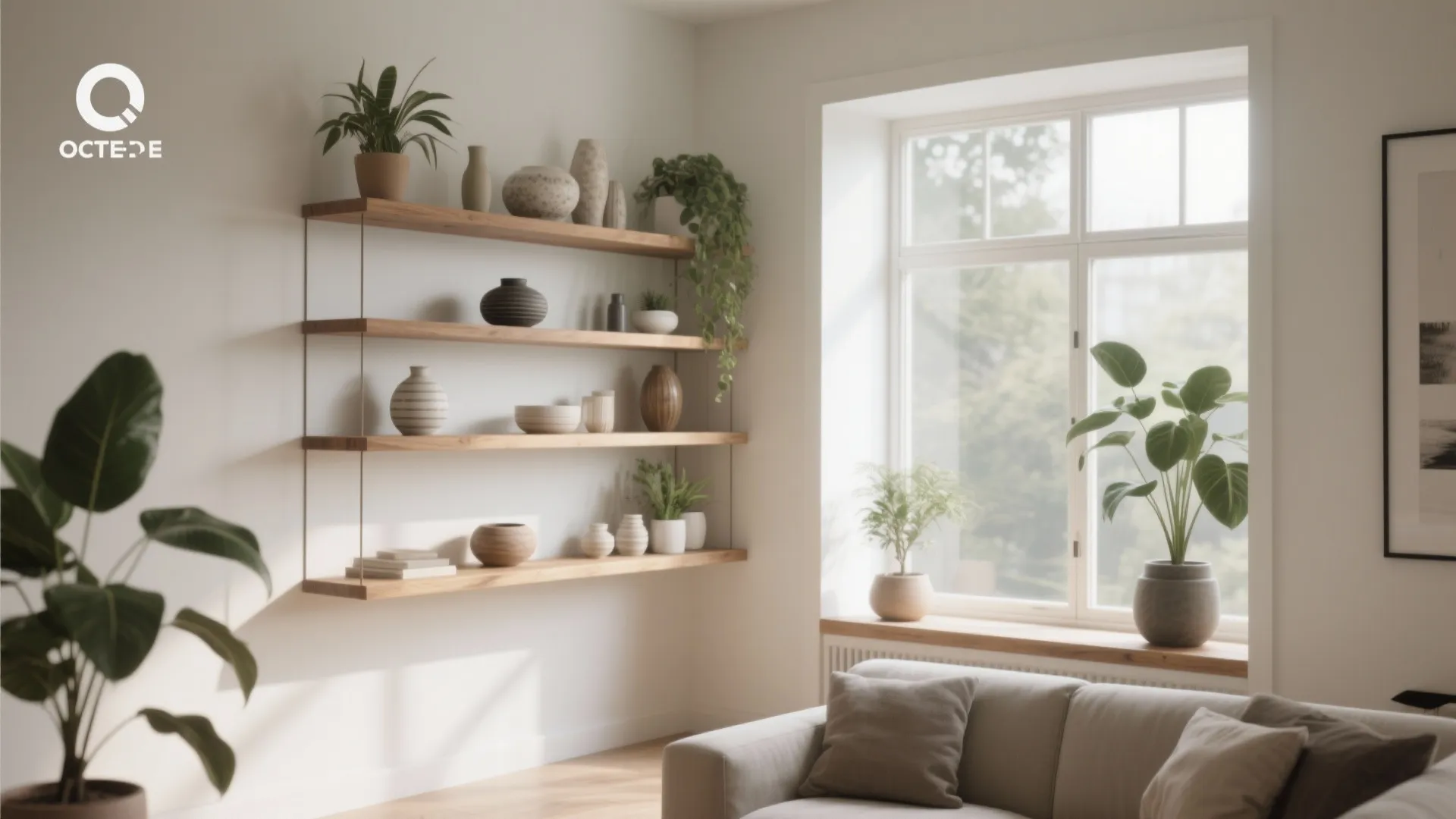 Modern living room with wooden floating shelves holding green plants and jars near a window