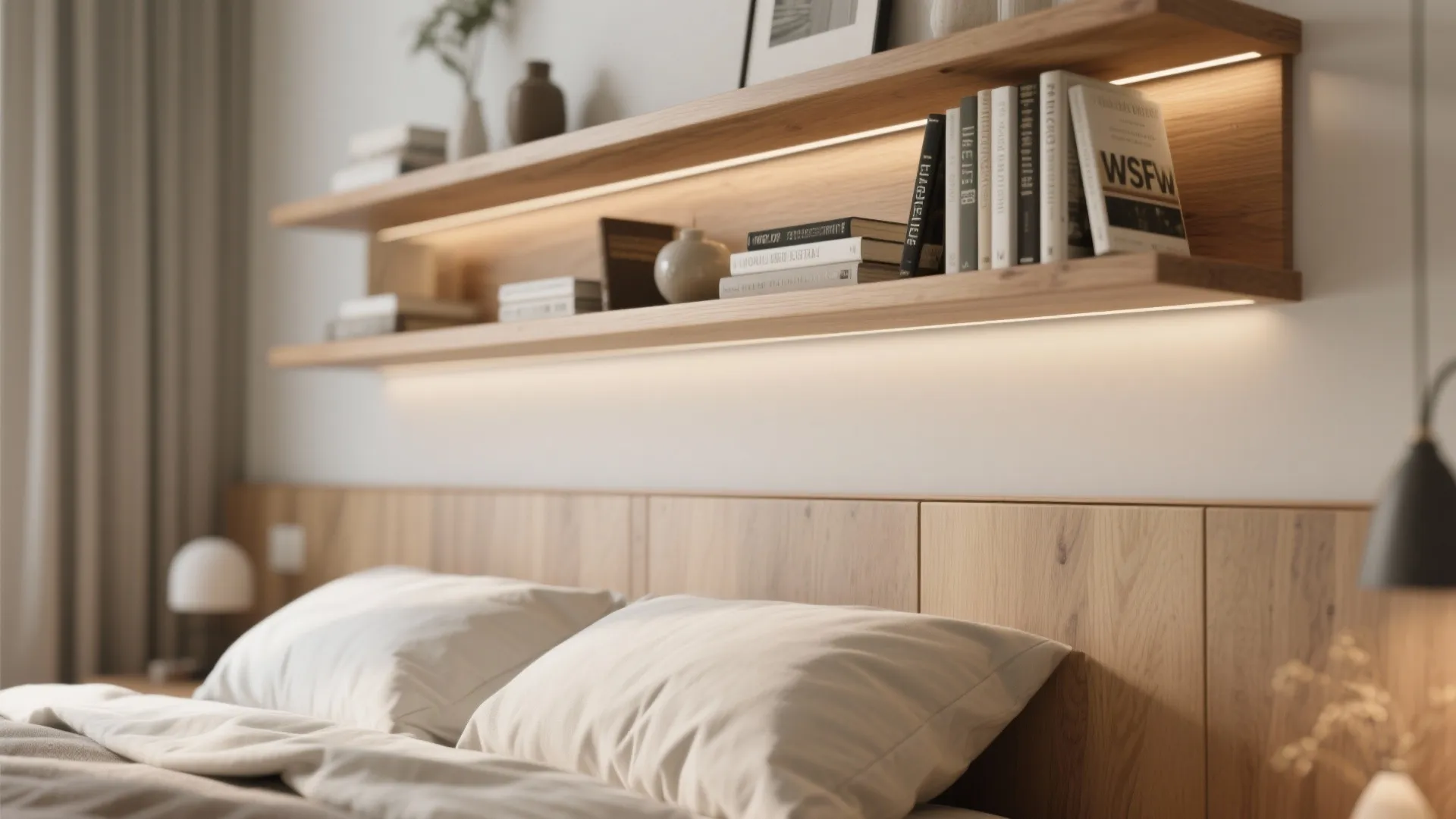 Wooden floating shelves with books and lights above bed with white pillows and warm light