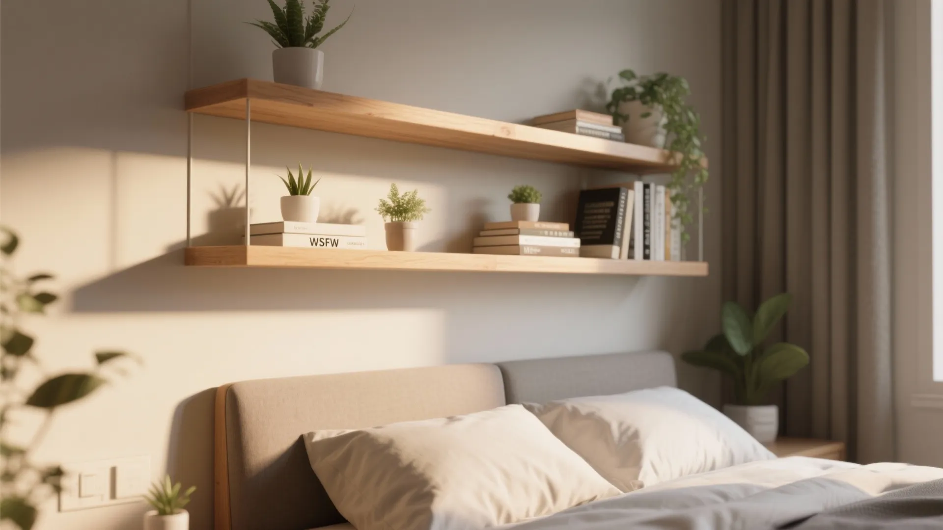 Wooden floating shelves with plants and books mounted on the wall above a cozy bed