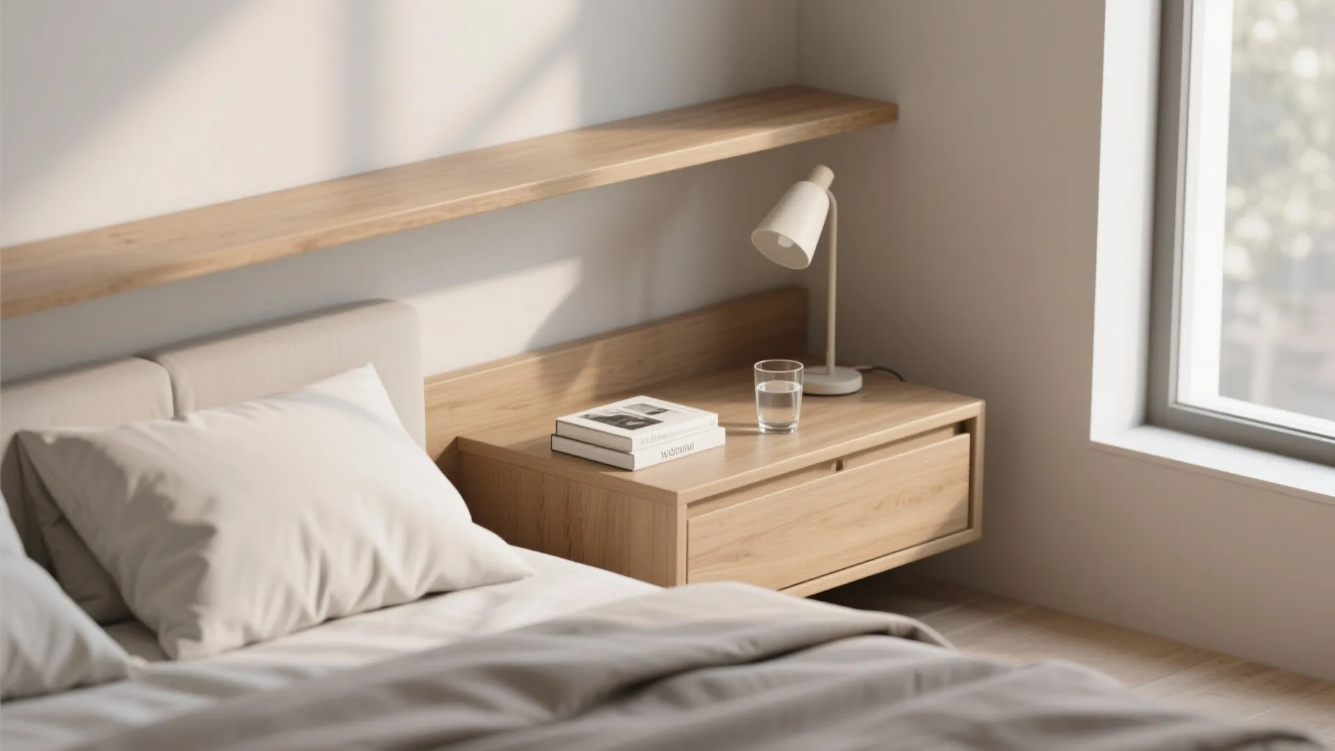 Light wood floating shelf and matching bedside cabinet with a small desk lamp and books