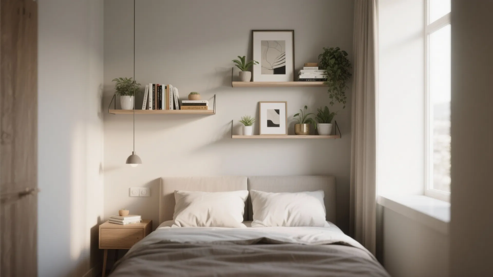 1. Floating Shelves Above the Bed