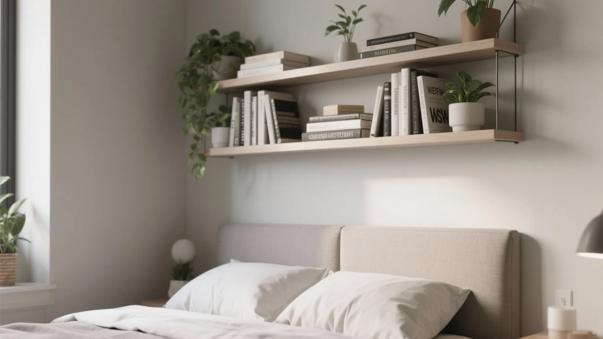 Floating shelves above a bed in a compact bedroom