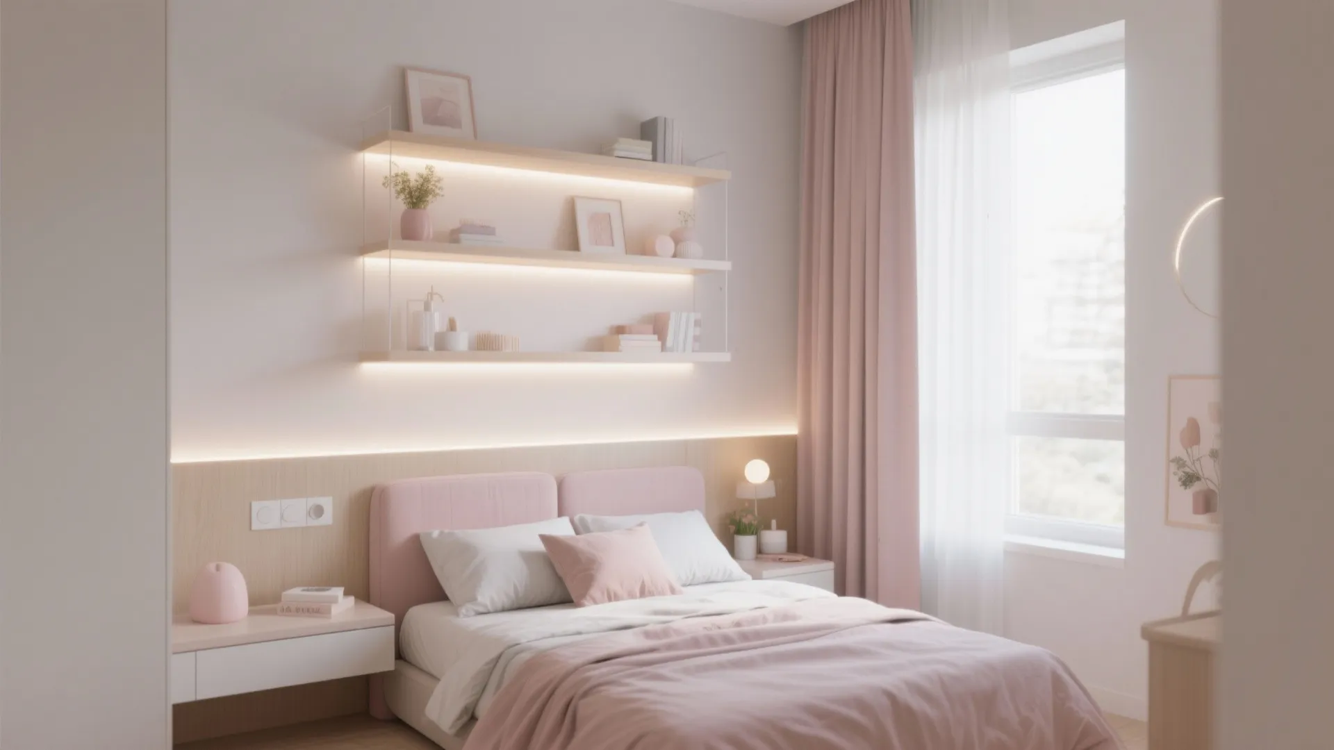 Small bedroom with floating shelves and LED lighting above bed