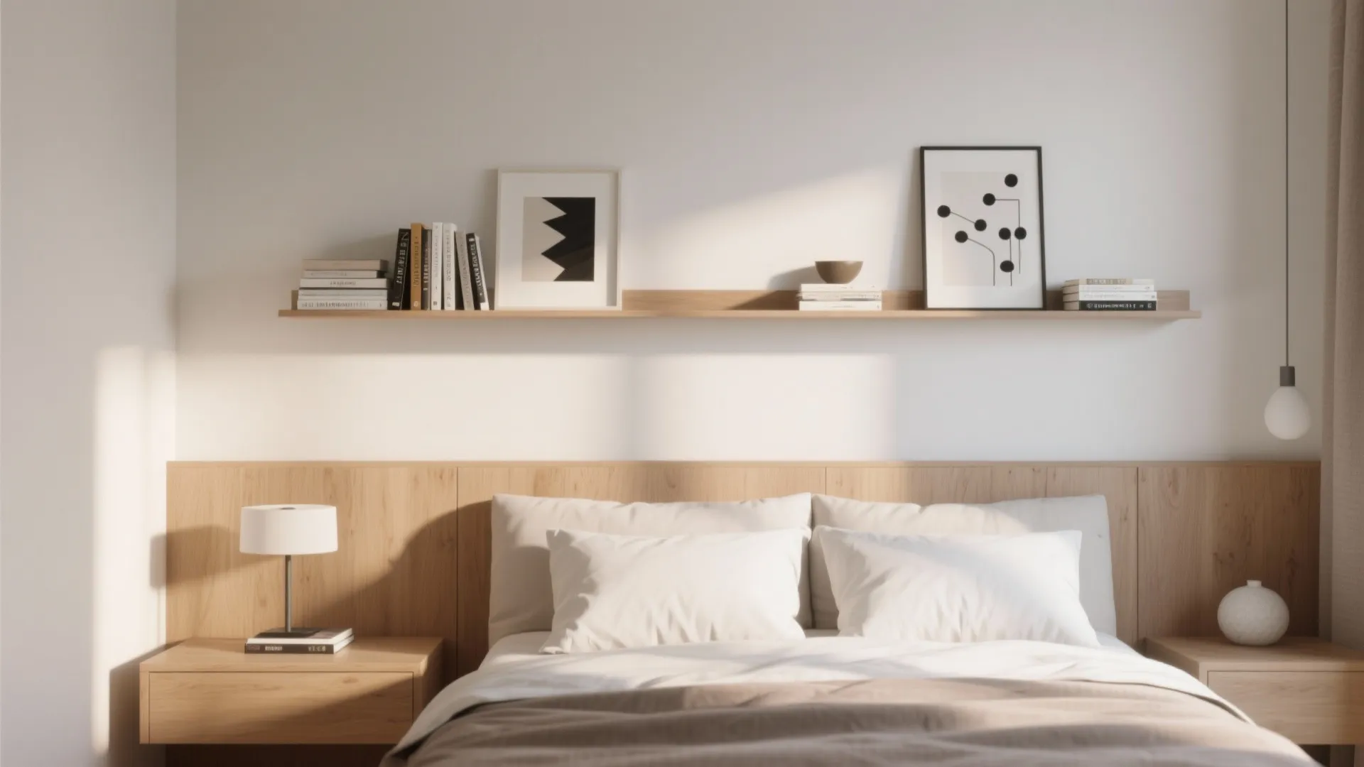 Minimalist bedroom with wooden headboard shelf holding books and pictures above a white cozy bed
