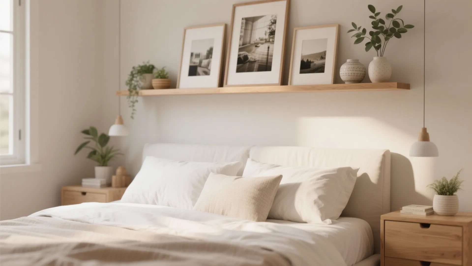 Floating shelves above a bed holding plants and framed photos
