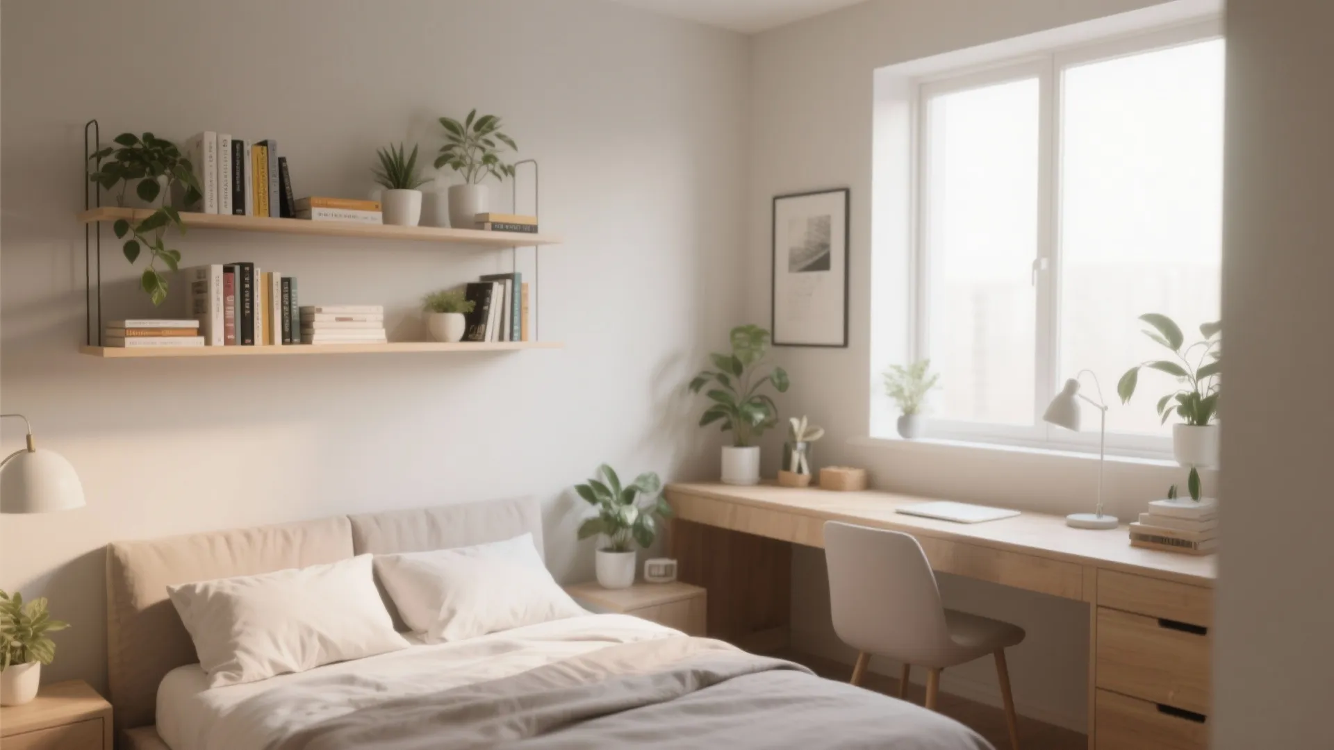 Floating shelves in a small bedroom add stylish storage