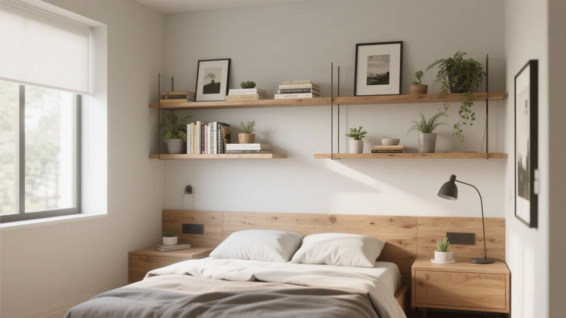 Small bedroom with floating shelves above bed for decor