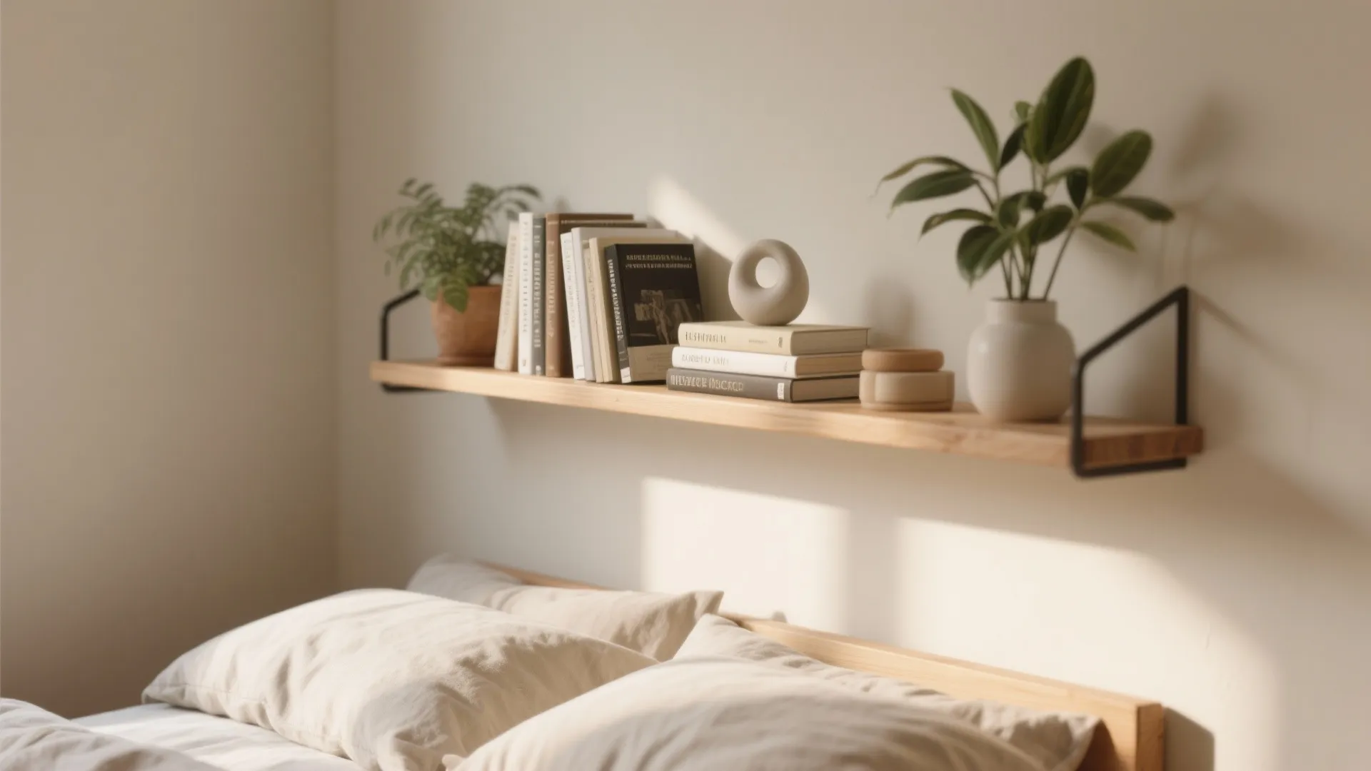 Wooden floating shelf with books and green plants above soft white pillows in a bedroom
