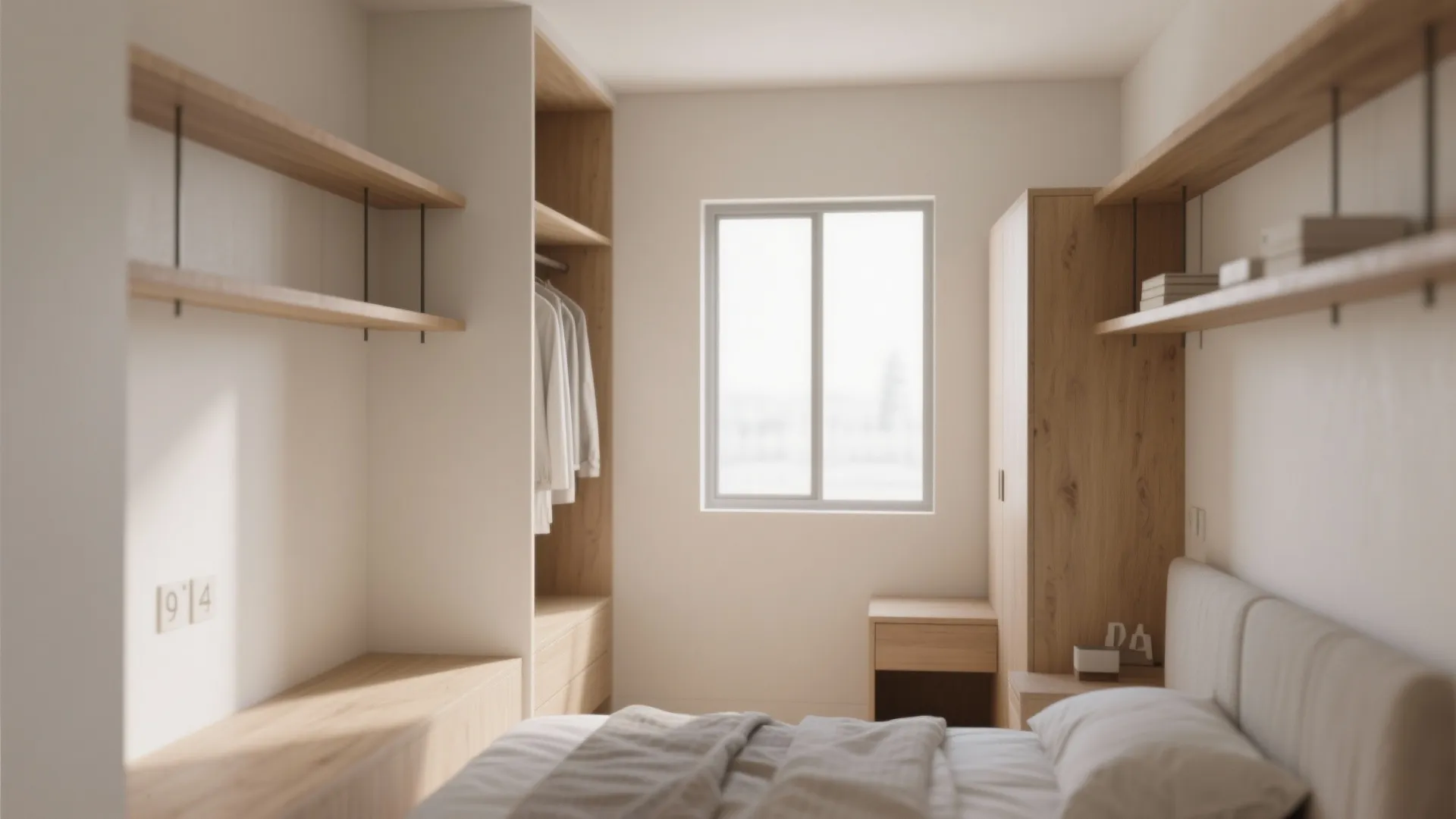 Minimalist bedroom with wooden wall shelves a tall wardrobe and a white bed with window