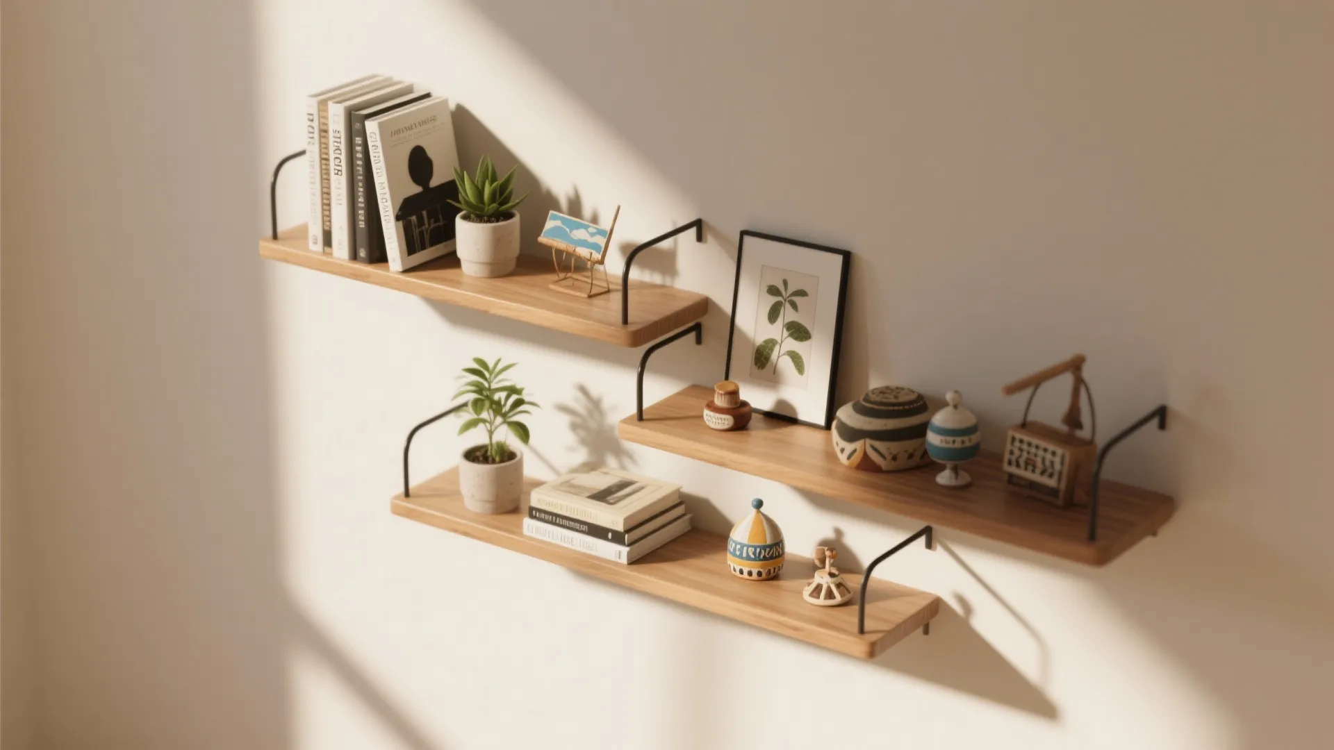 Three wooden floating wall shelves displaying books small green plants and decorative home decor items