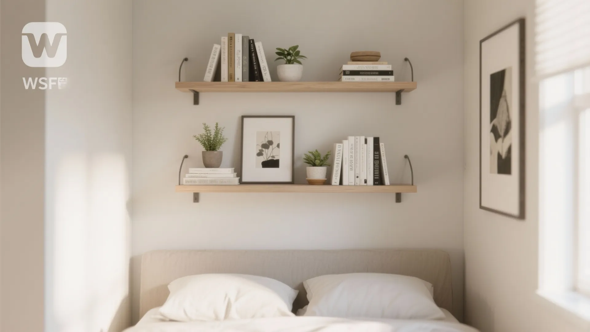 Two wooden wall shelves with books and small plants above a bed with white pillows