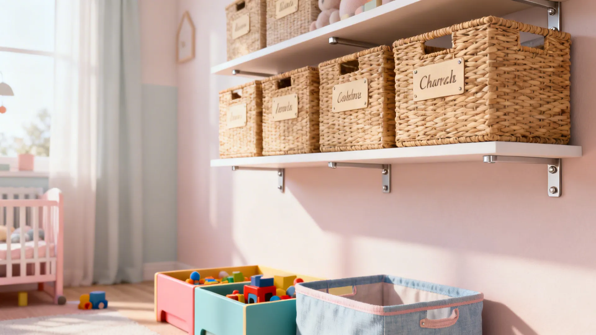 Floating shelves with woven baskets and low toy bins for toddler access