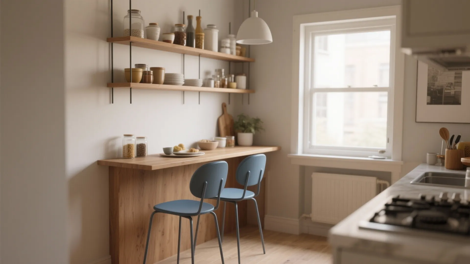 5. Floating shelving + Blu Dot chairs for multipurpose dining