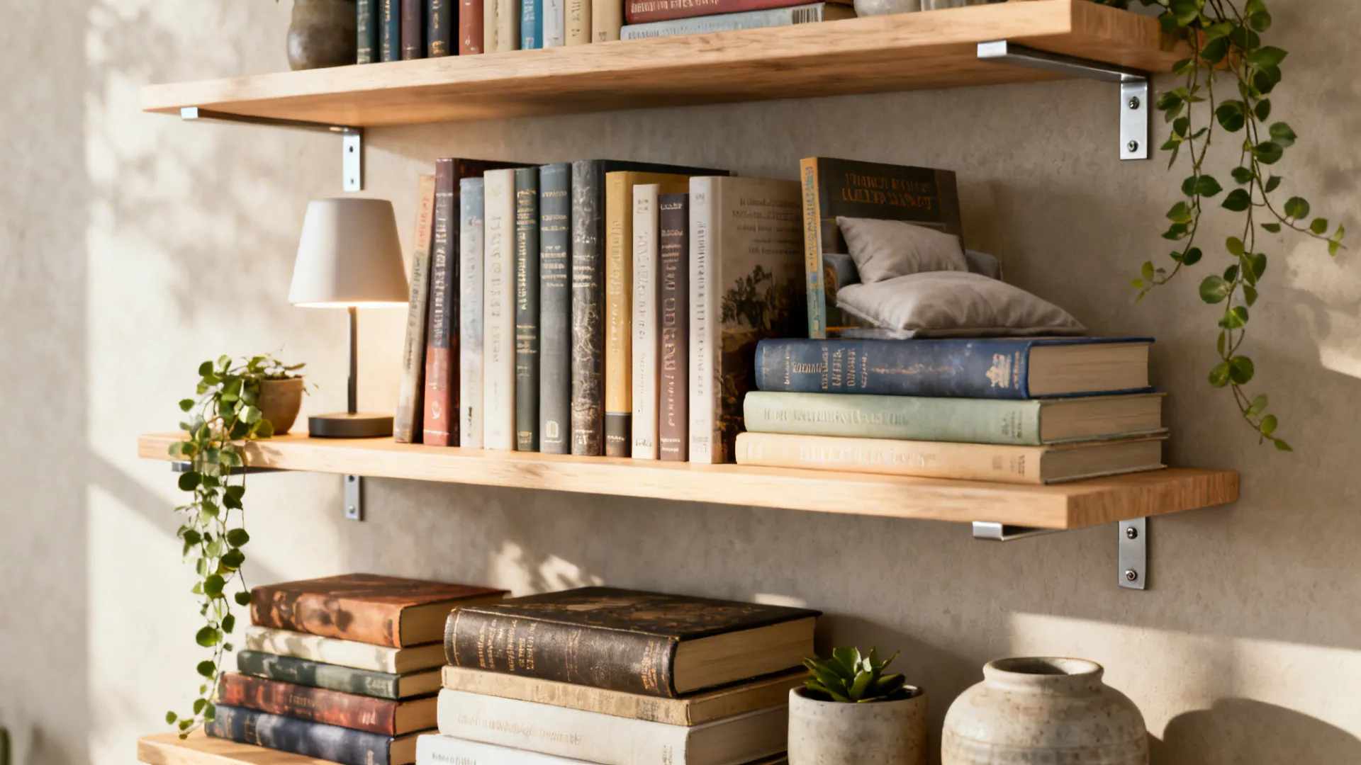 Floating wood shelves with books, lamp and trailing plants on a bedroom wall
