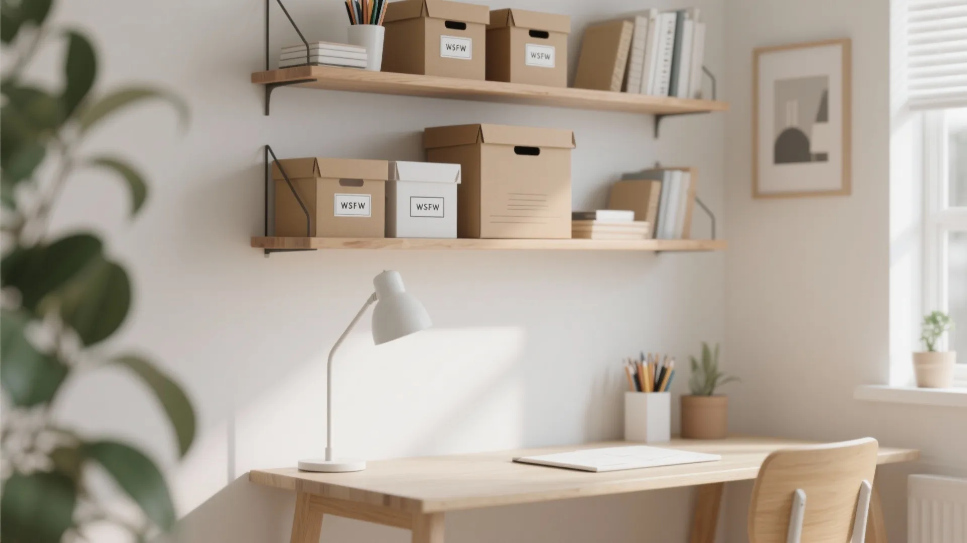 7. Floating Shelves with Boxes
