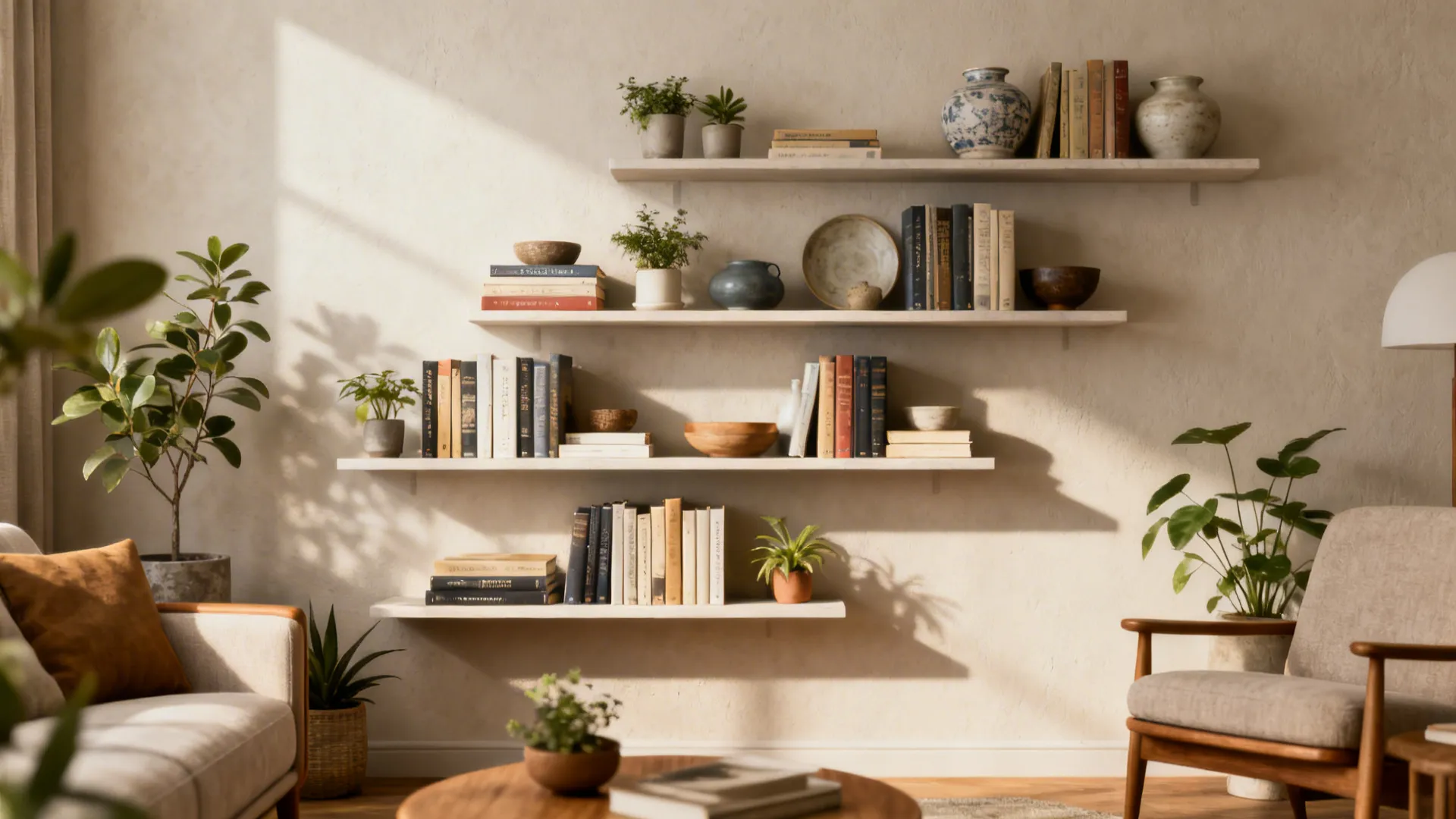 Staggered floating shelves with curated objects create depth without bulk in a small living room.