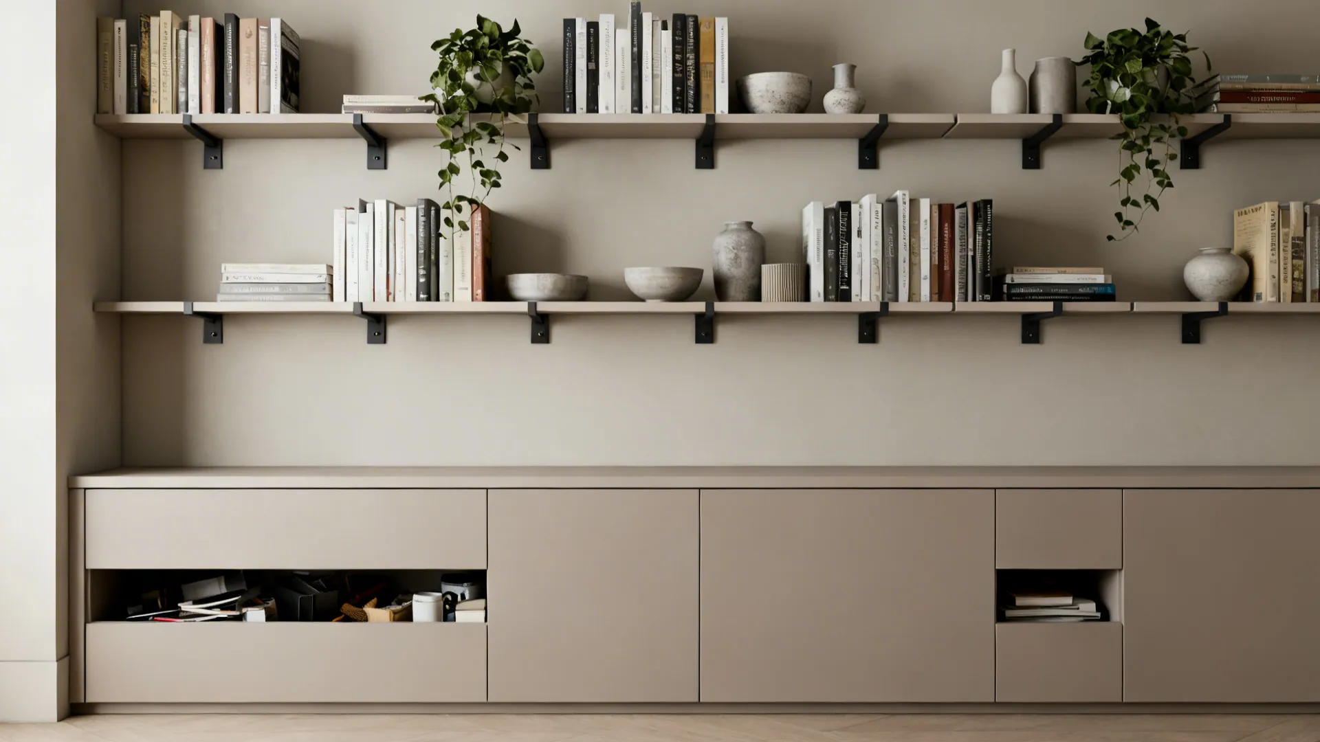 Minimalist wall with shelves holding books and plants above a long beige storage floor cabinet
