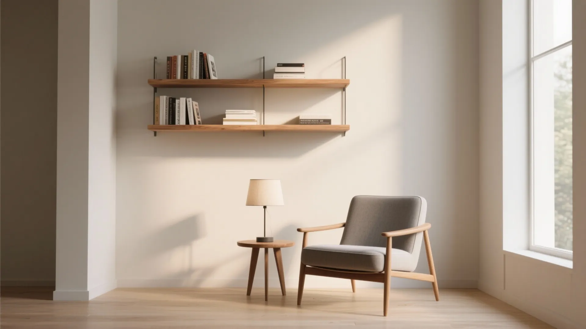 Modern reading corner with grey chair small side table table lamp and wooden wall shelves