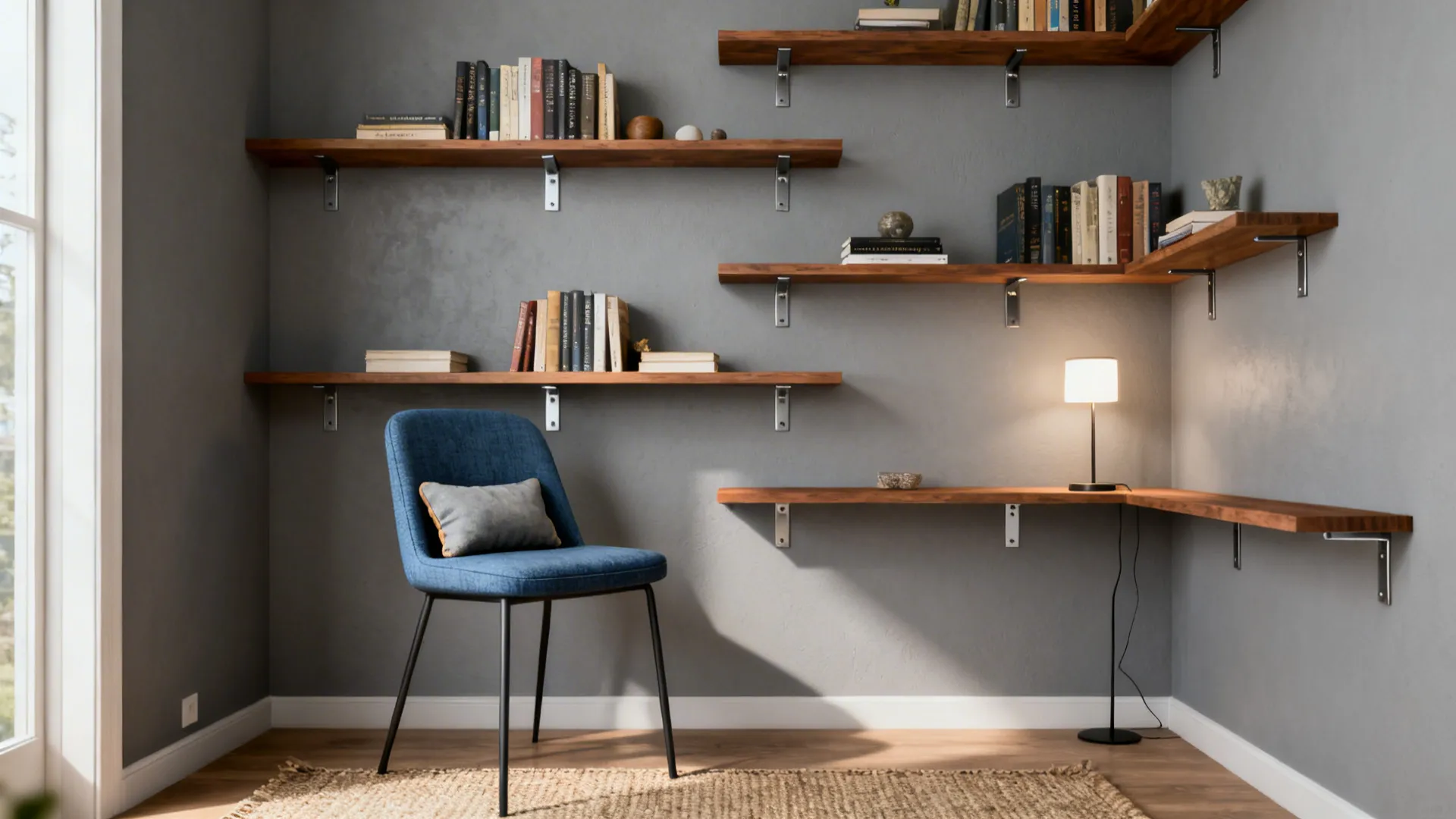 Compact reading corner with staggered floating shelves and a small accent chair near a floor lamp.
