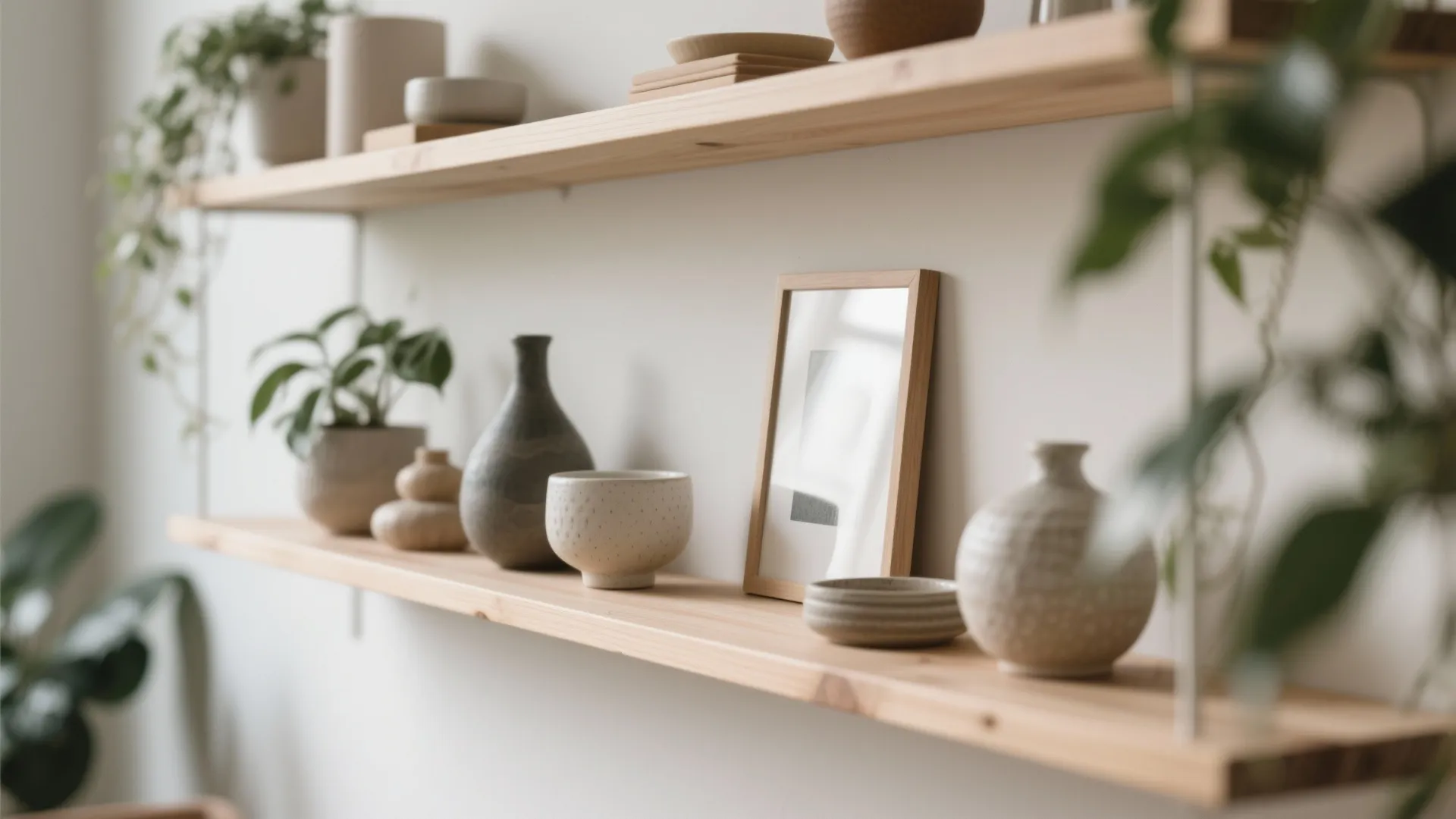 Minimal floating wooden shelves with curated decor