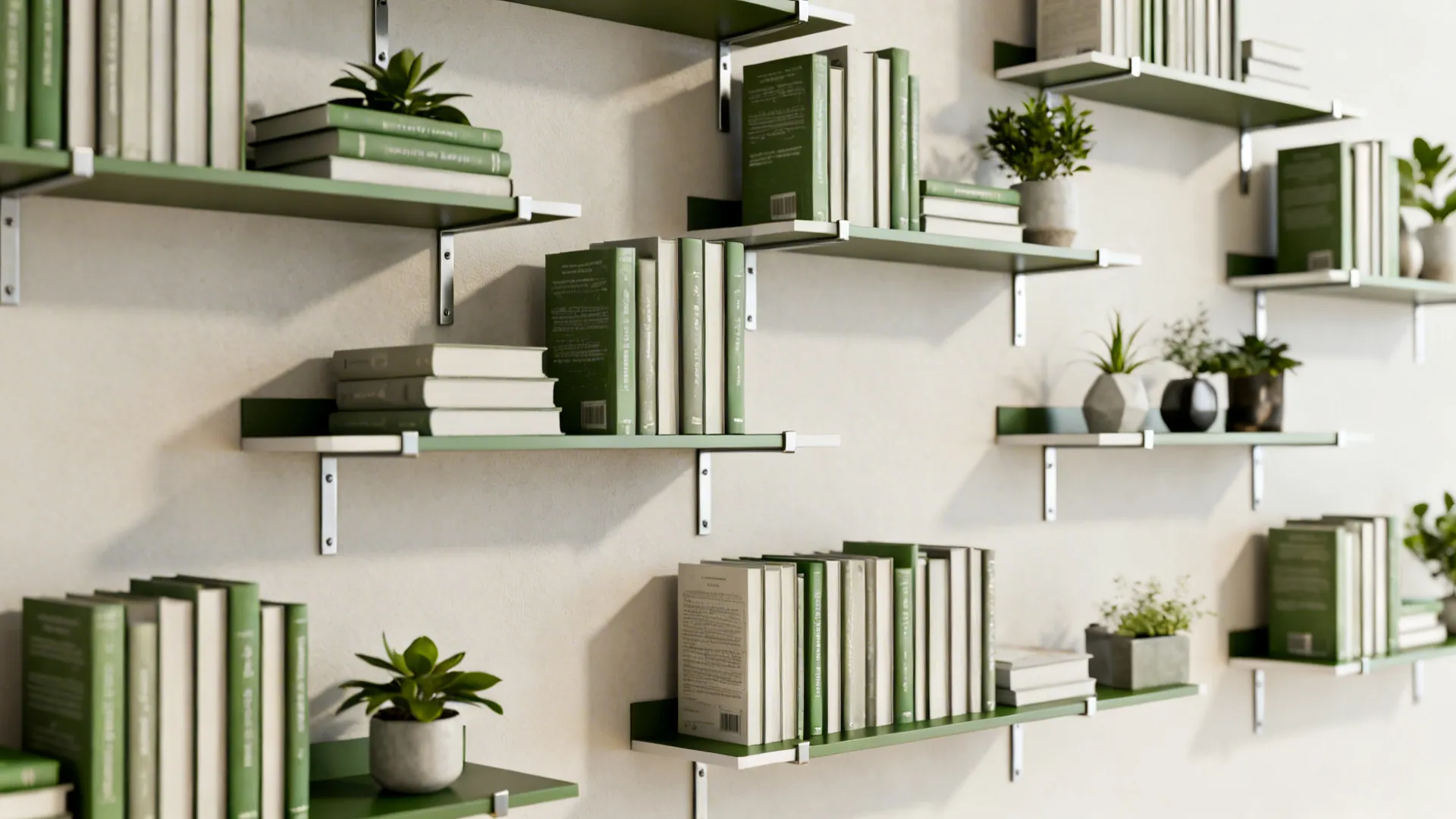 Staggered floating shelves with paperbacks, plants, and decor on a light wall.
