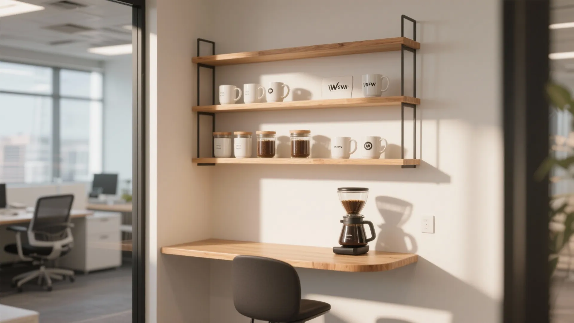 Office coffee station with floating wood shelves holding white mugs and jars above a desk