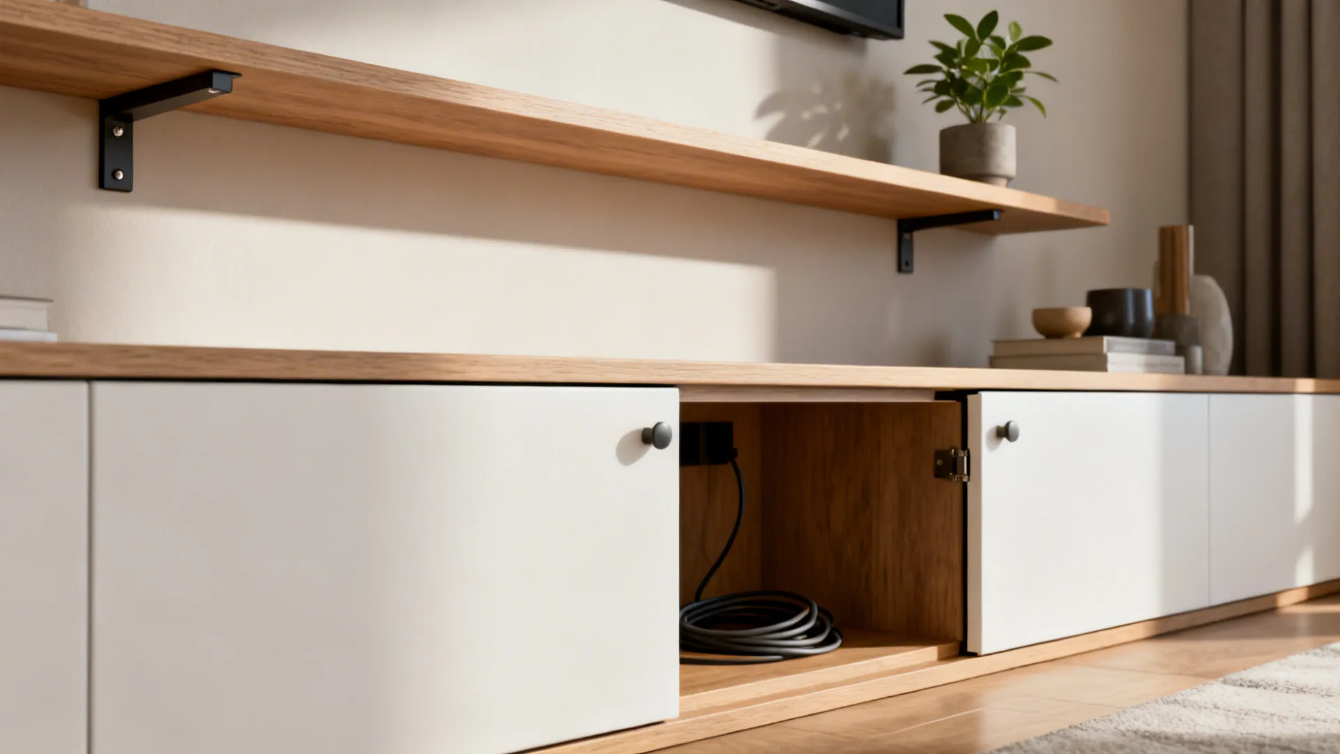 1. Minimal floating shelves with concealed storage