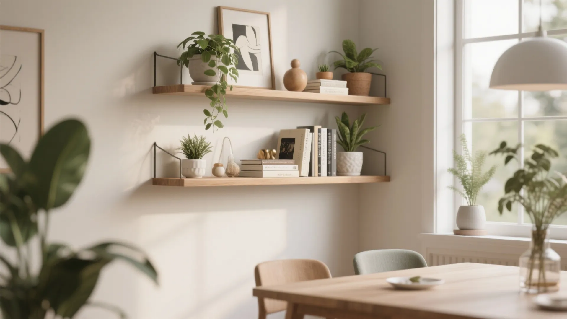 Floating shelves with plants and decor in dining corner
