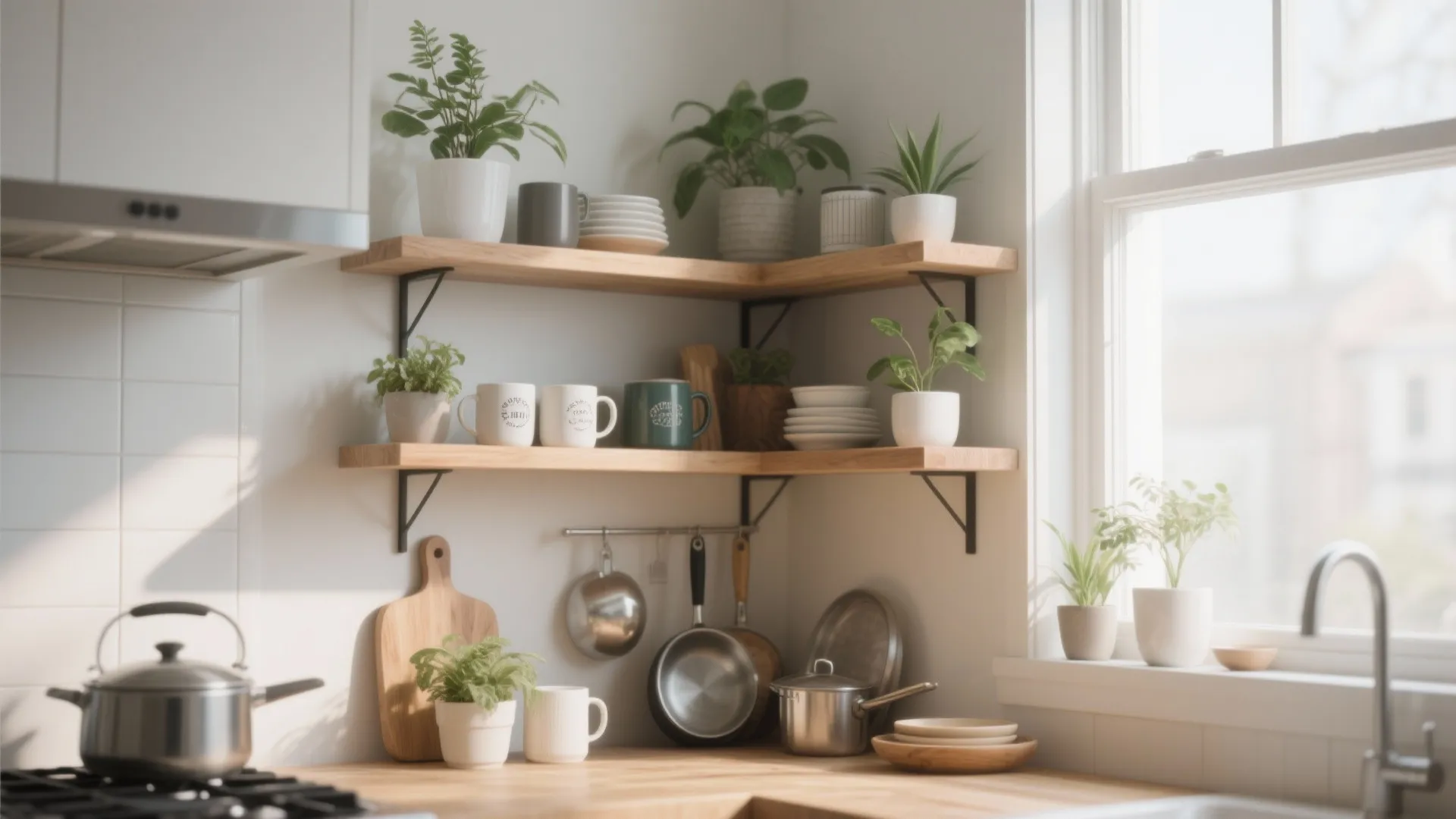 Floating shelves beneath a sunny corner kitchen window with plants and mugs