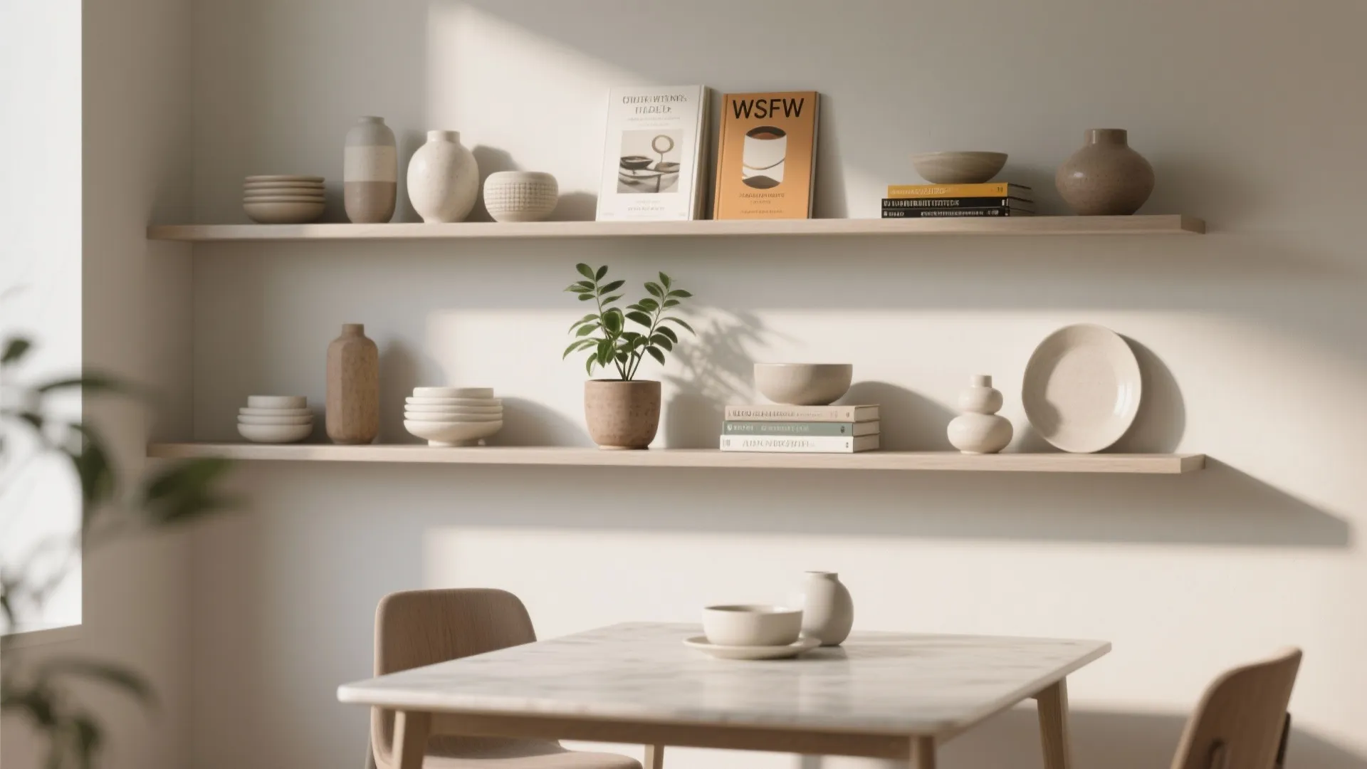 Two long wooden wall shelves holding beige pottery books and small plant in dining room