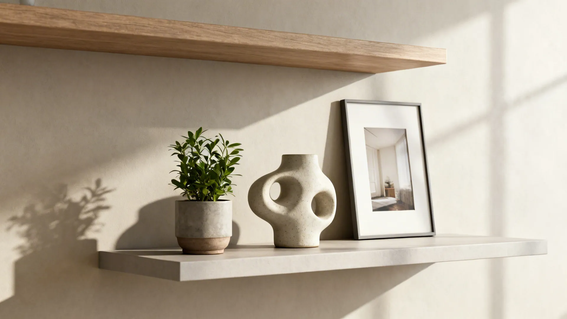 Shallow floating shelves styled minimally with a plant, ceramic sculpture, and framed photo