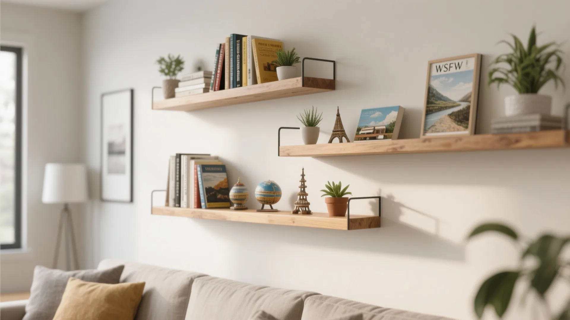 Floating wooden shelves with books and plants in a living room
