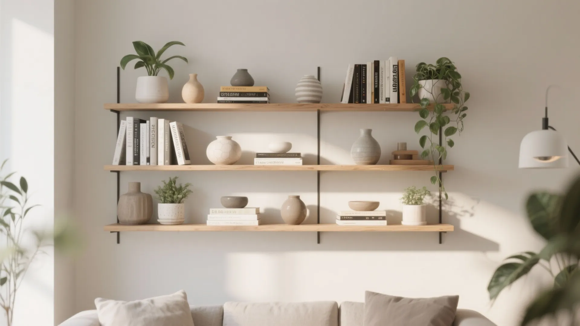 Floating shelves styled with books, ceramics, and plants