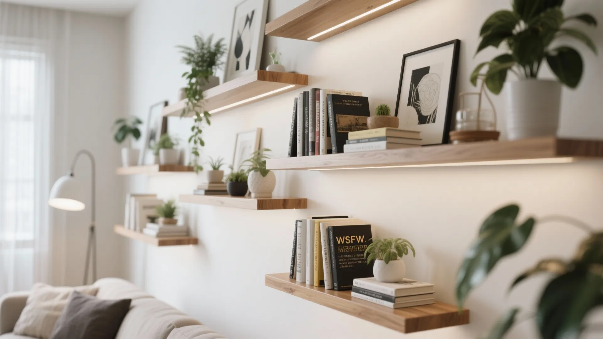Modern wooden floating shelves with built-in lights holding books small potted plants and framed art