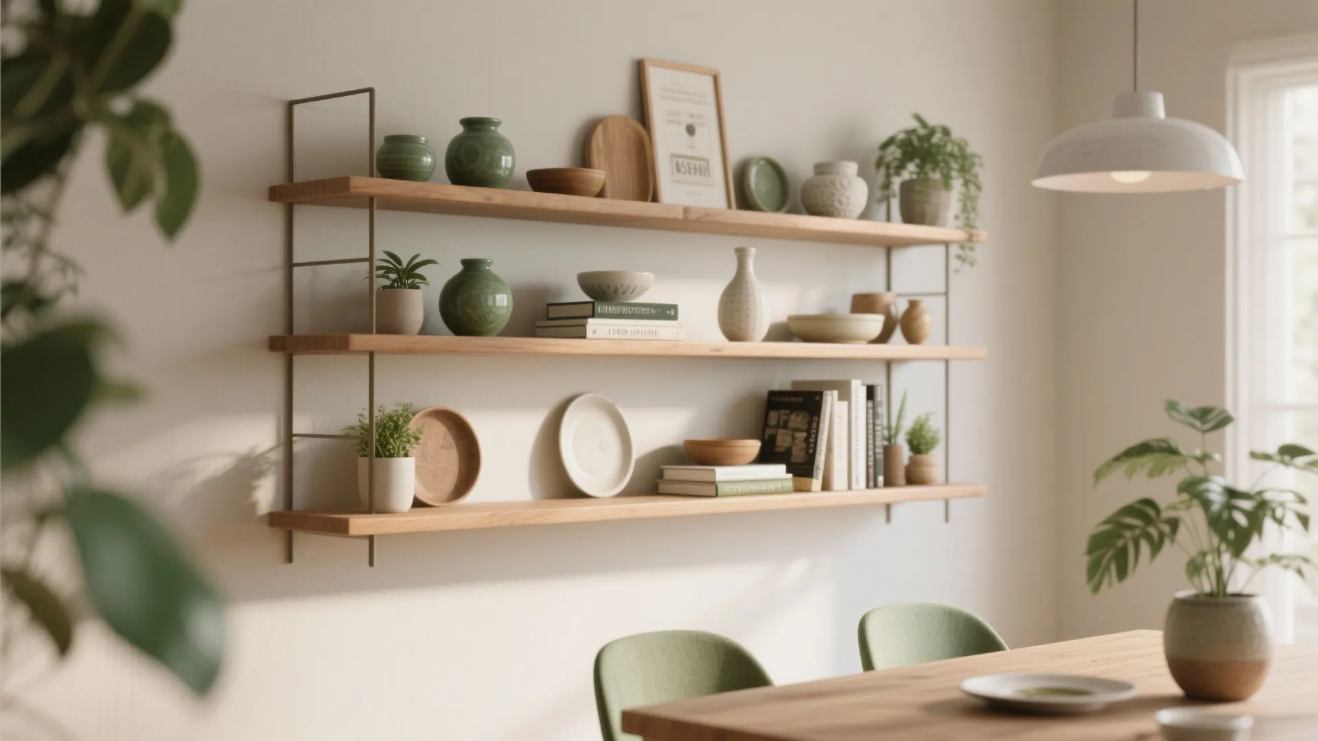 Three wooden wall shelves decorated with green vases, small plants, books, and plates above table