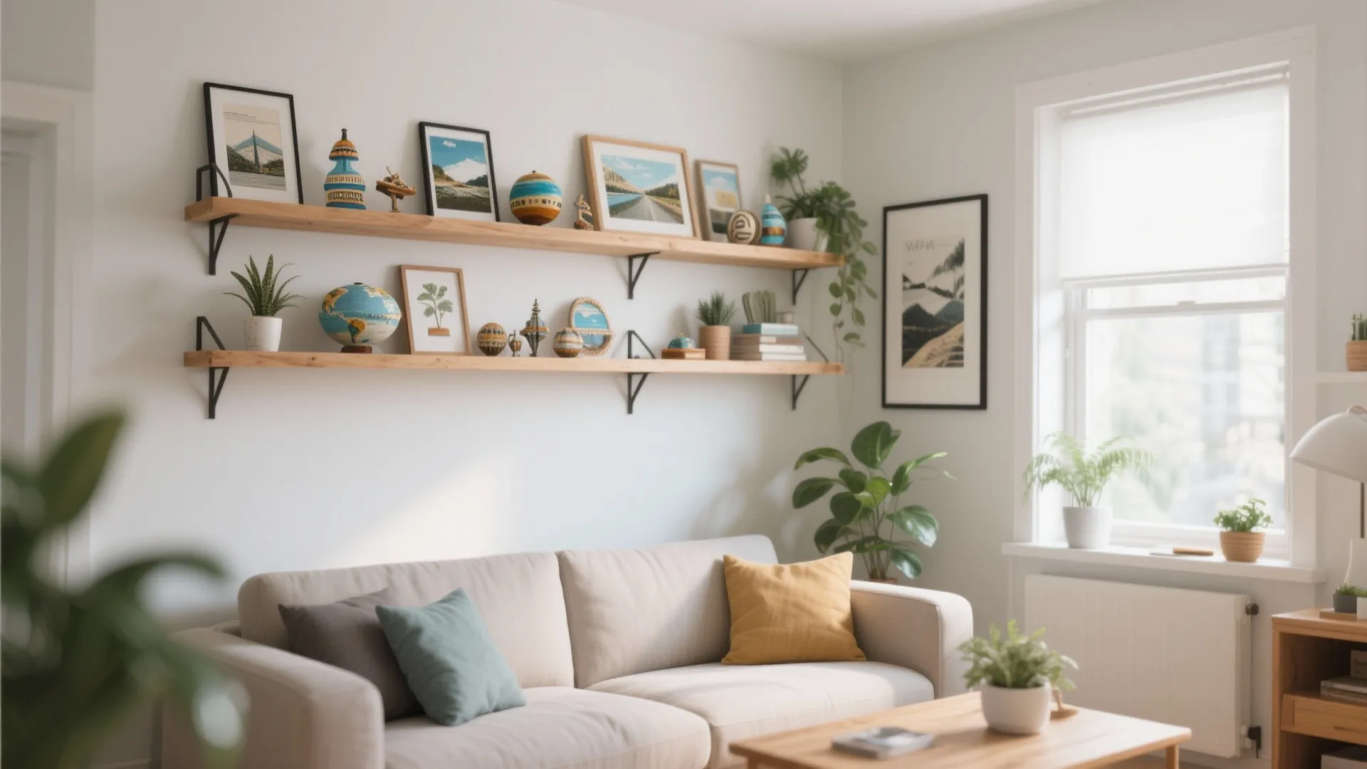 Bright living room featuring wooden wall shelves with framed pictures small plants and white sofa