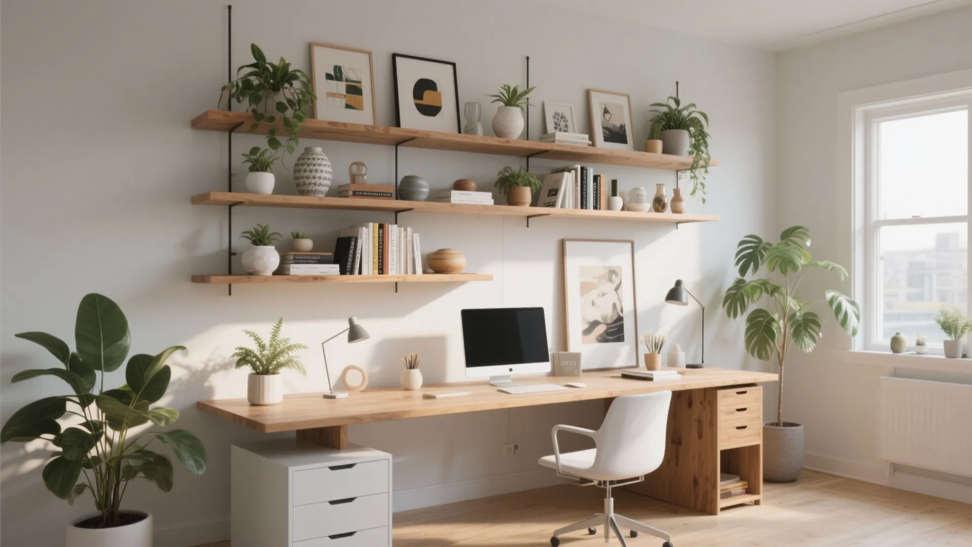 Home office featuring wooden desk white chair floating shelves with green plants and bright light