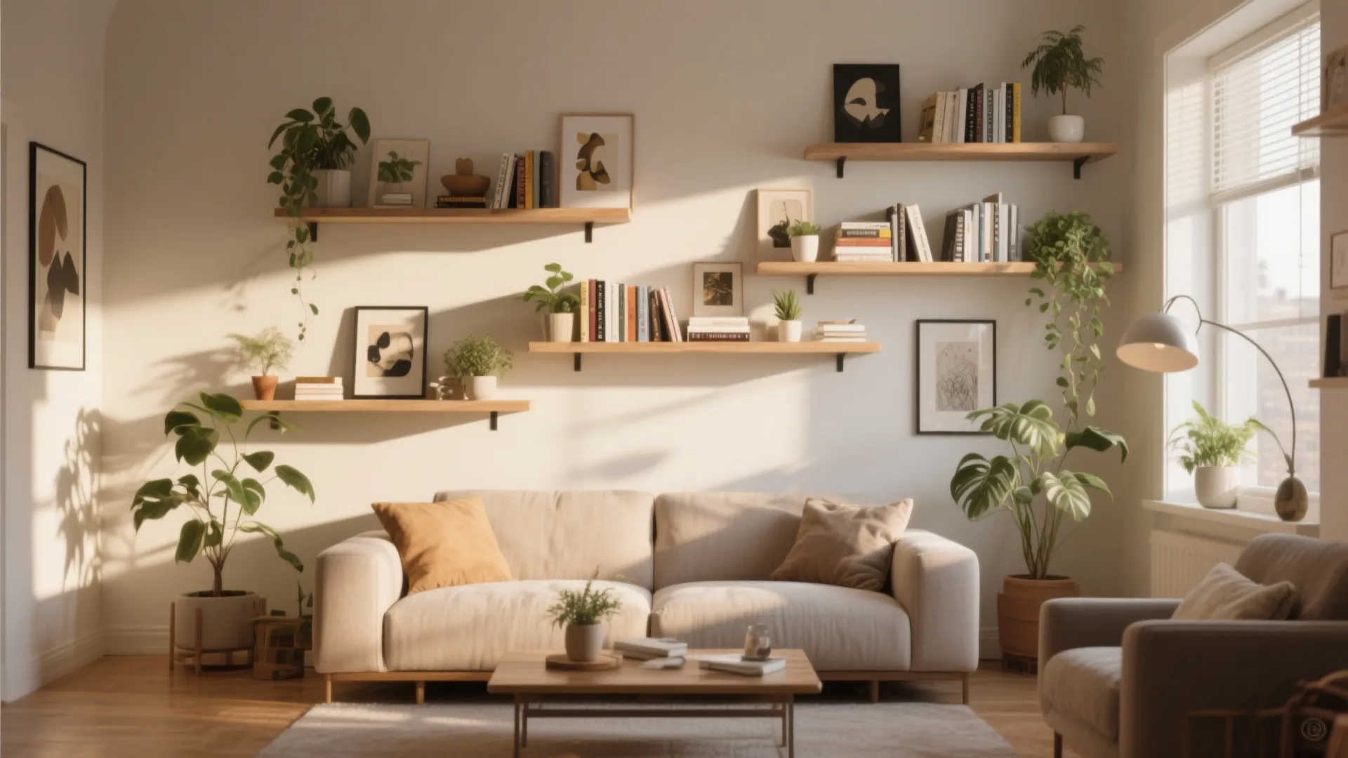 Asymmetrical floating shelves with plants, books, and decor pieces