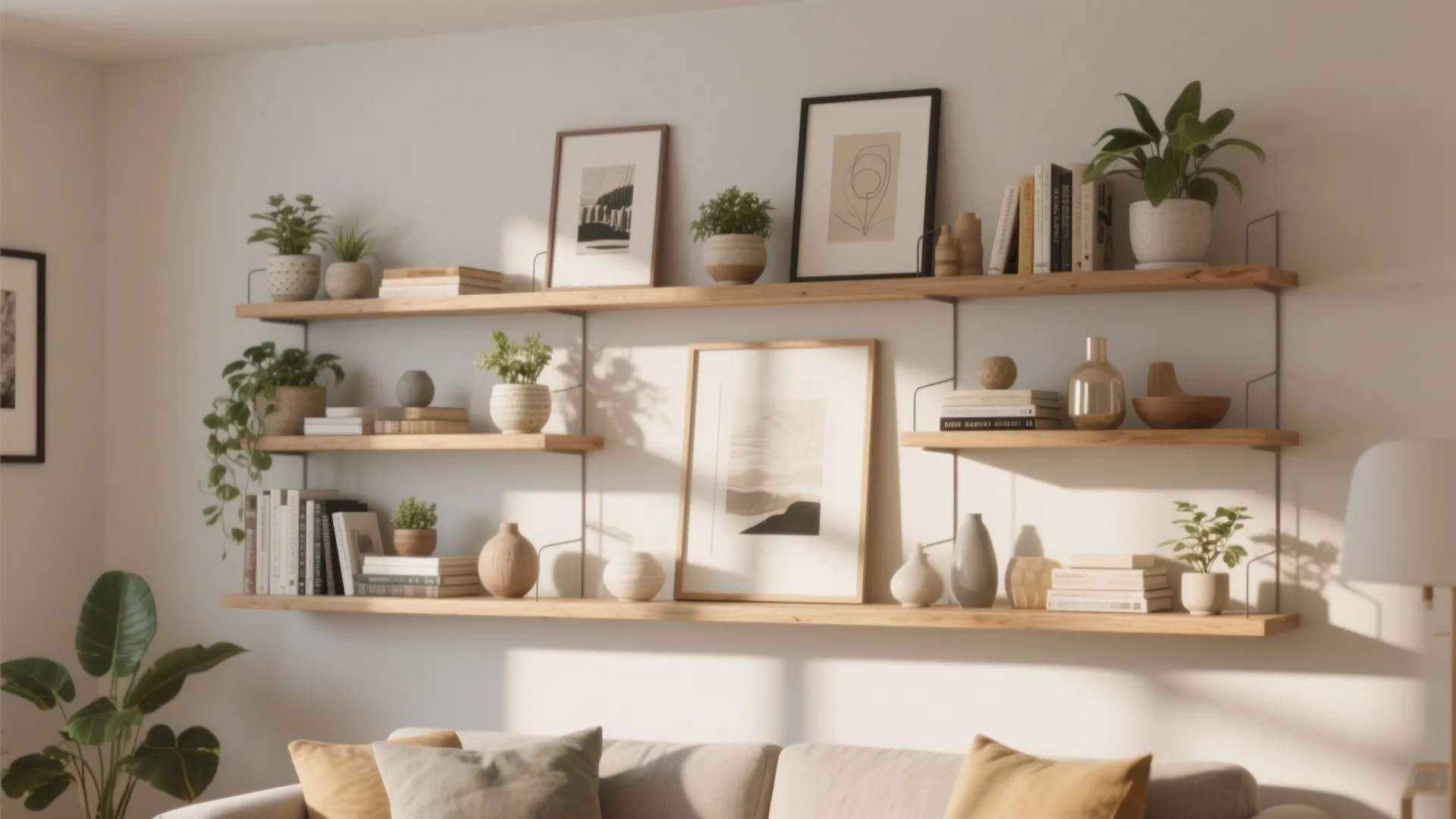 Wooden floating wall shelves displaying books potted plants framed art and various ceramic decorative objects