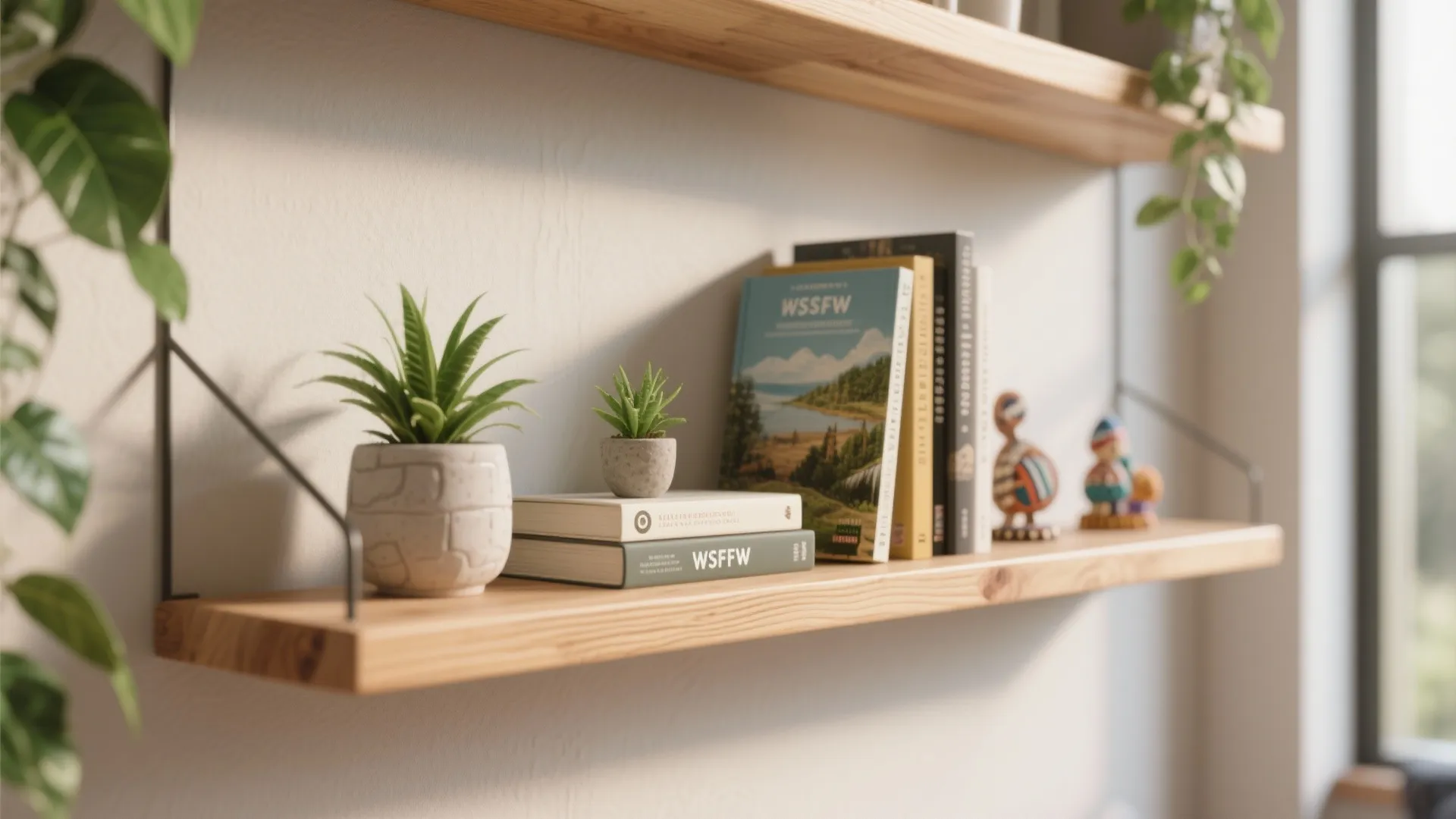 Wooden floating wall shelves holding green potted plants books and small bird ornaments in sunlight