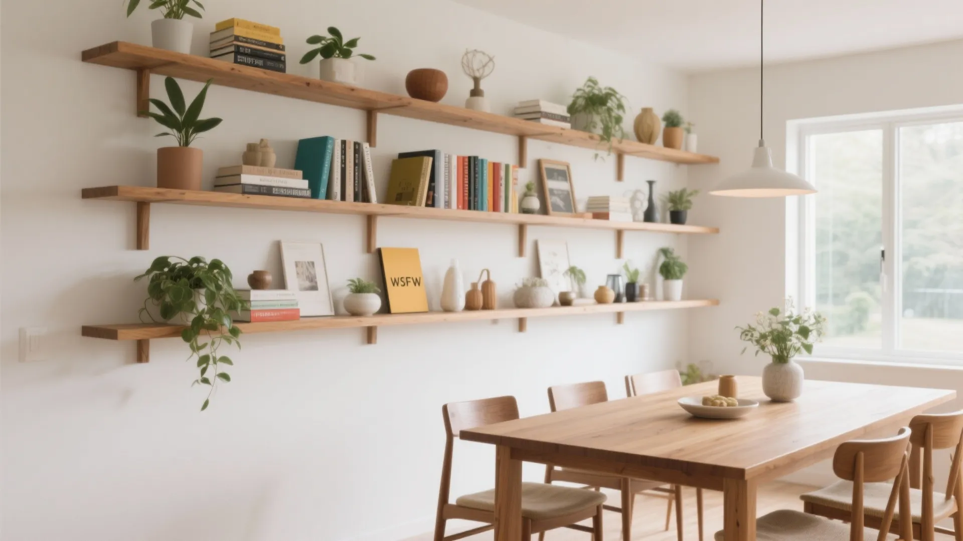 Minimalist dining room with long wood floating shelves holding books and plants above wooden table