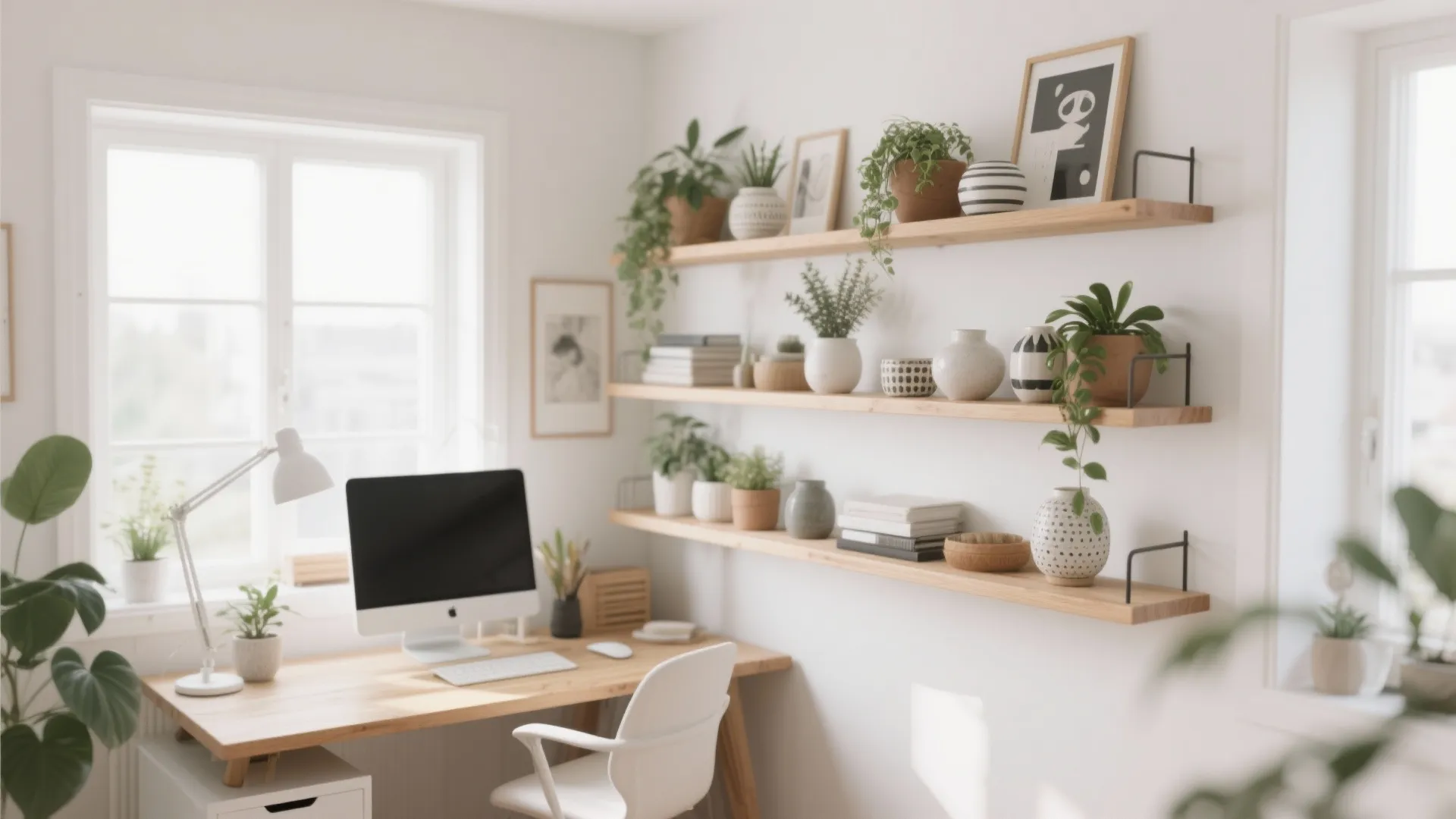 Bright home office with wooden desk computer chair and three wooden shelves holding many green plants