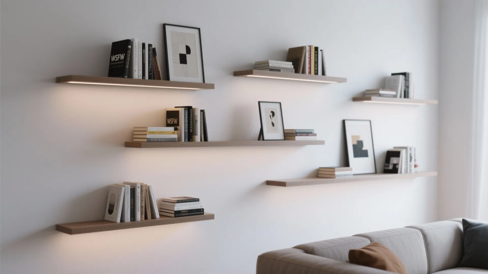 Asymmetrical floating shelves displaying books and art in a living room