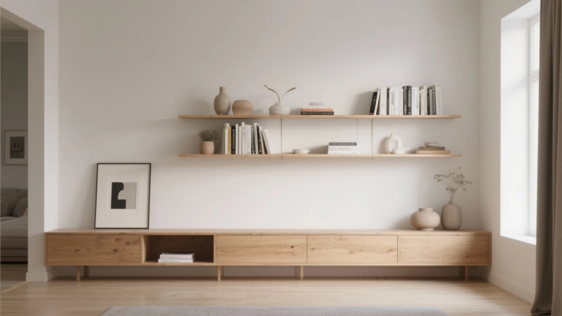 Minimalist living room with wooden wall shelves holding books and vases above a long cabinet