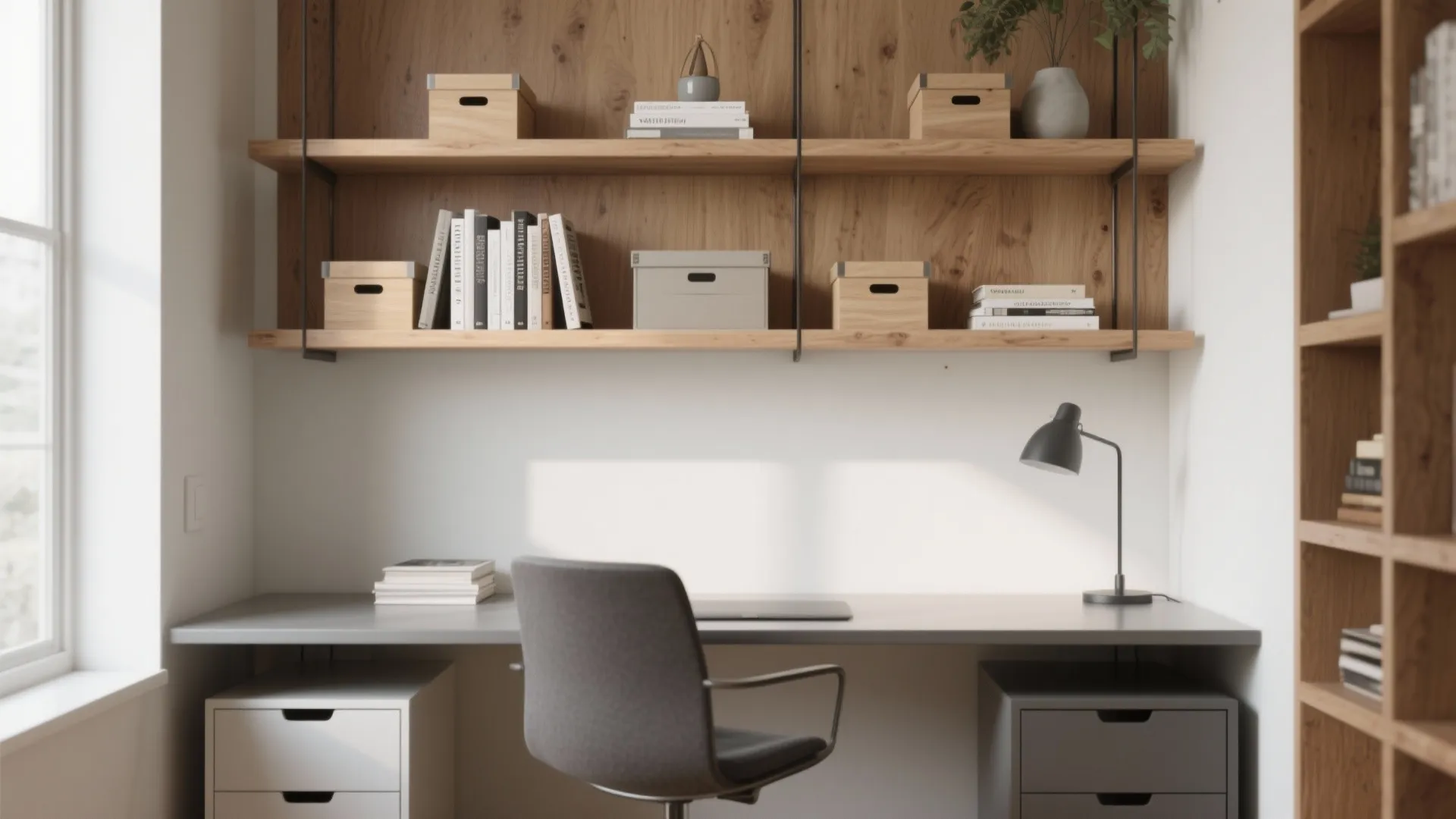1. Floating shelves above the desk